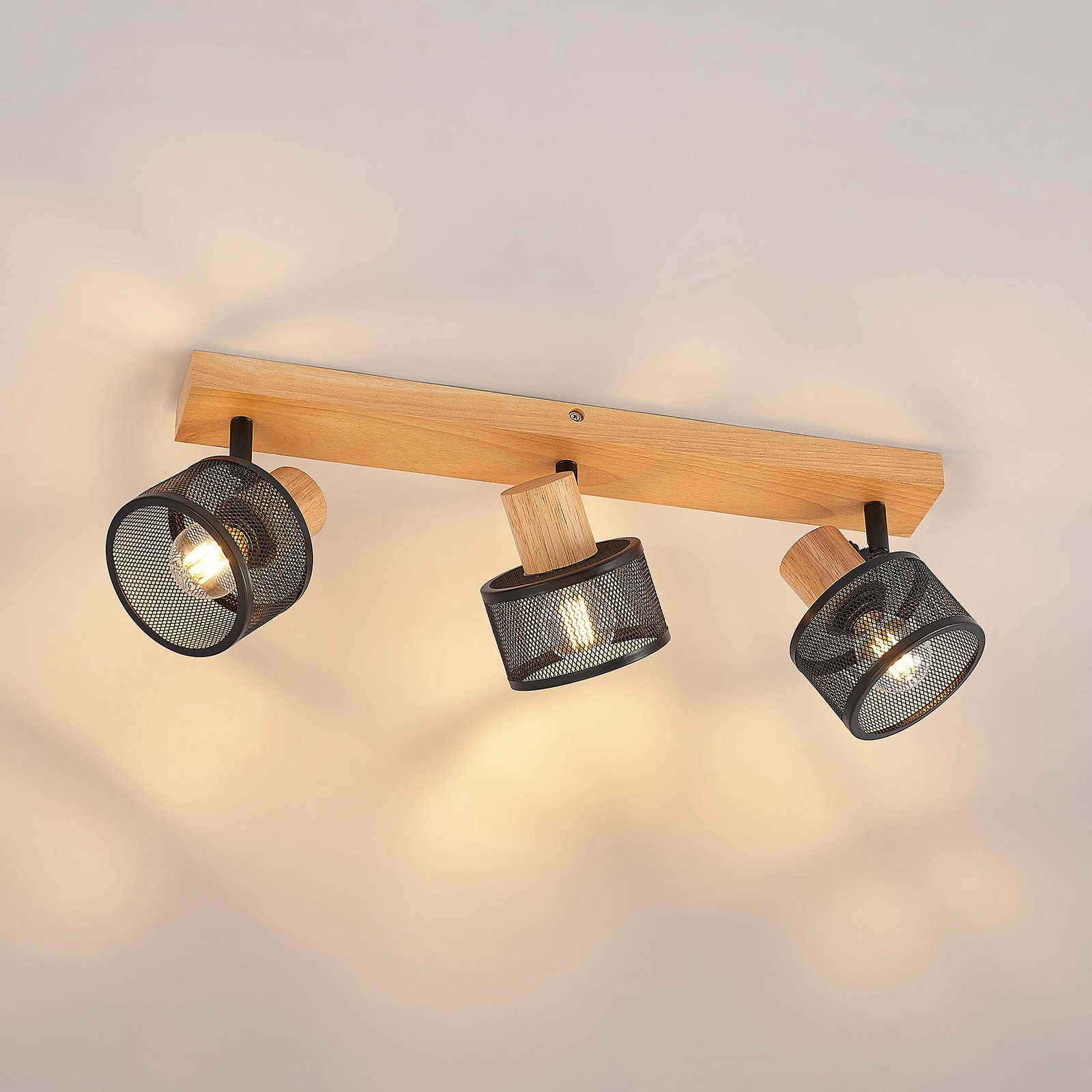 Lindby Evinora ceiling spotlight, wood, 3-bulb