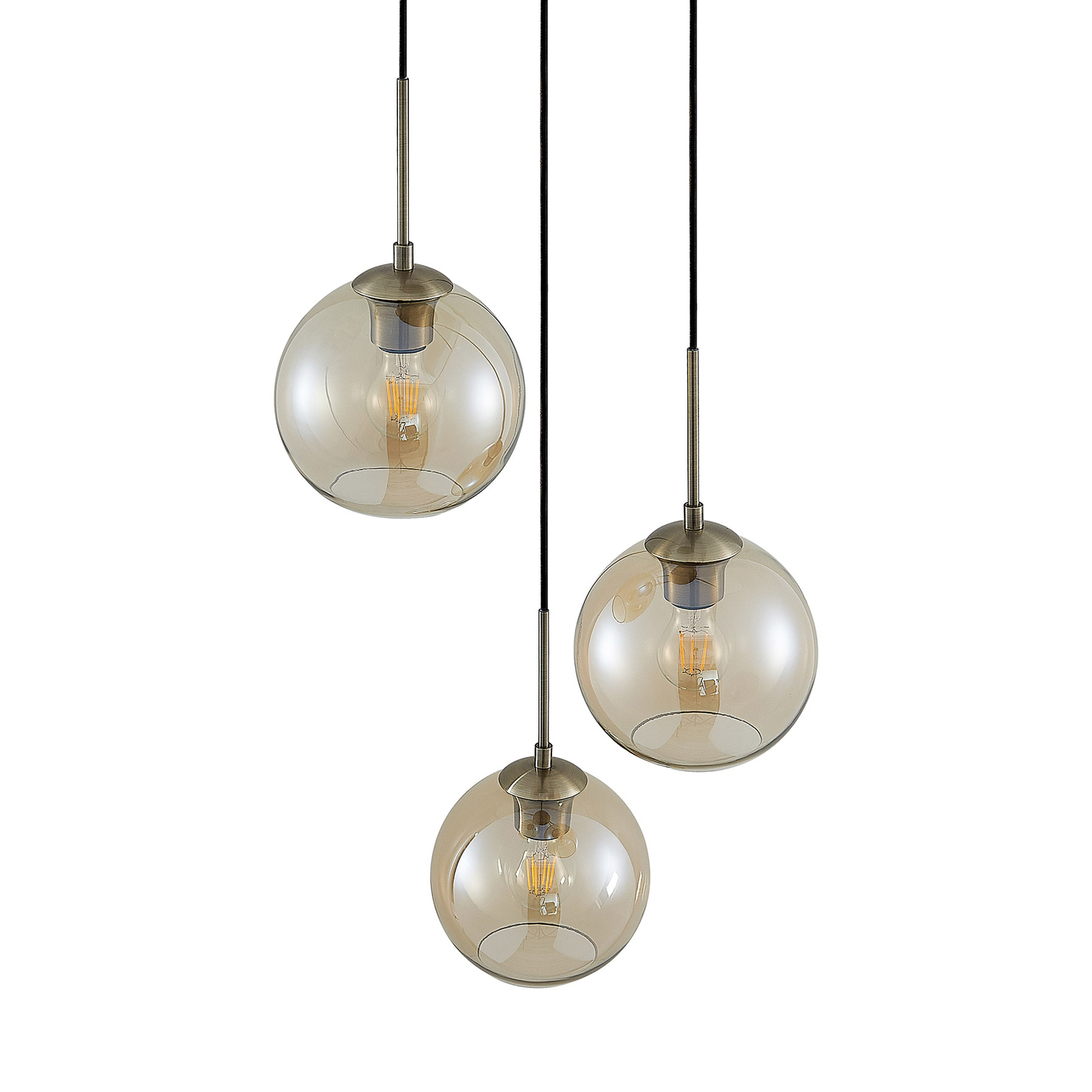 Lindby Jurian pendant light, amber, brass, 3-bulb