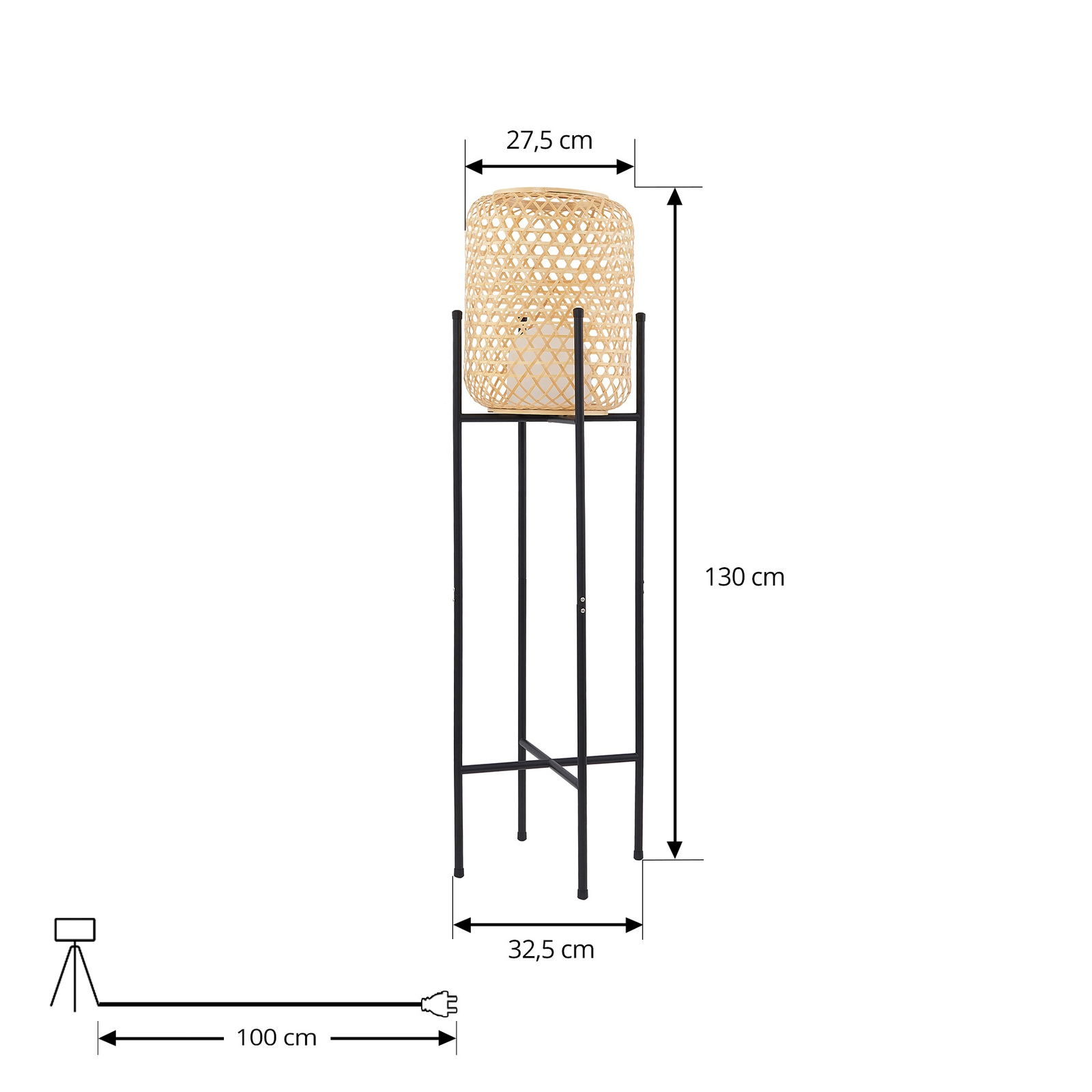 Lucande LED rechargeable floor lamp Adebi, black, bamboo, Ø32.5cm