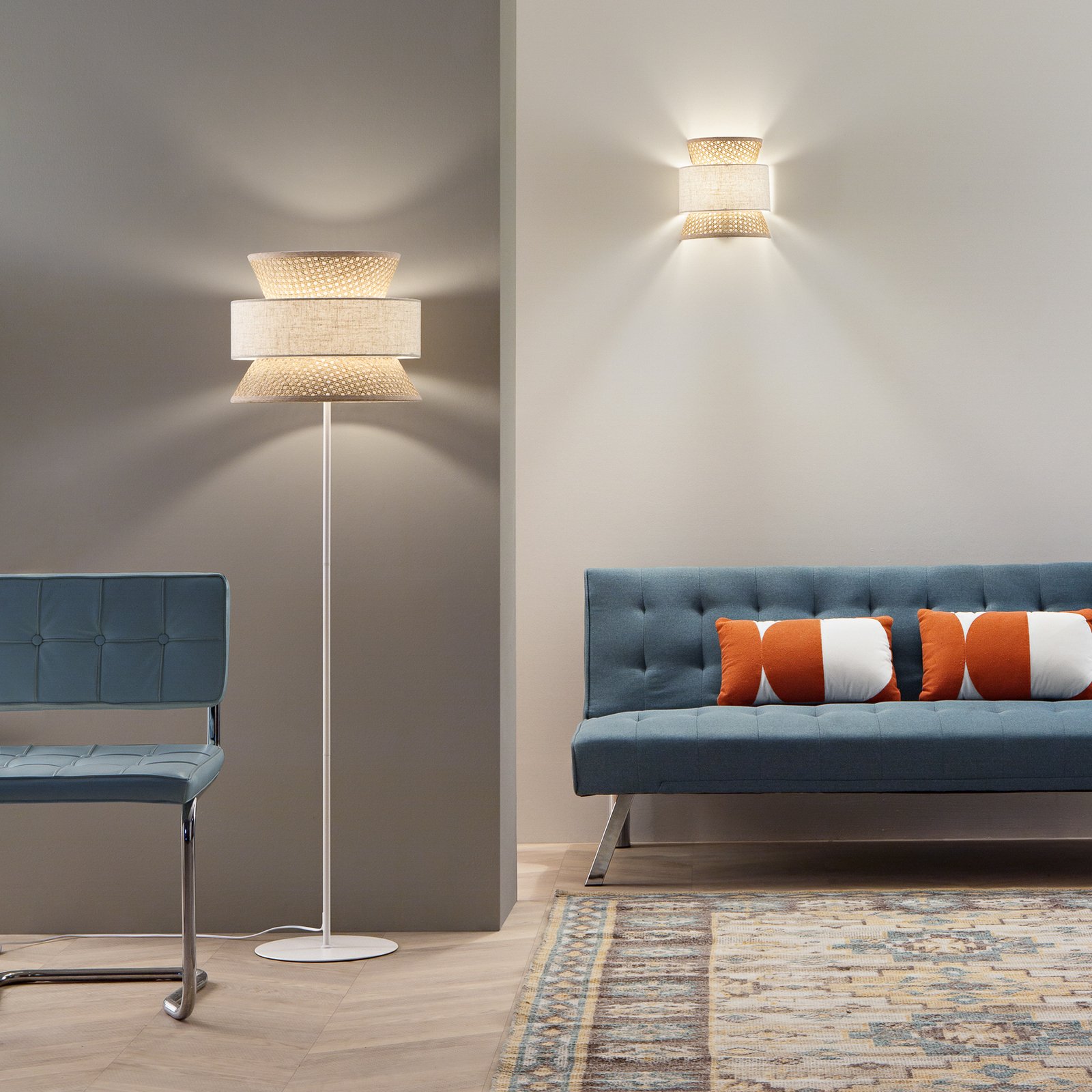 Golvlampa Gazebo, natur/beige, höjd 147 cm, rotting/tyg