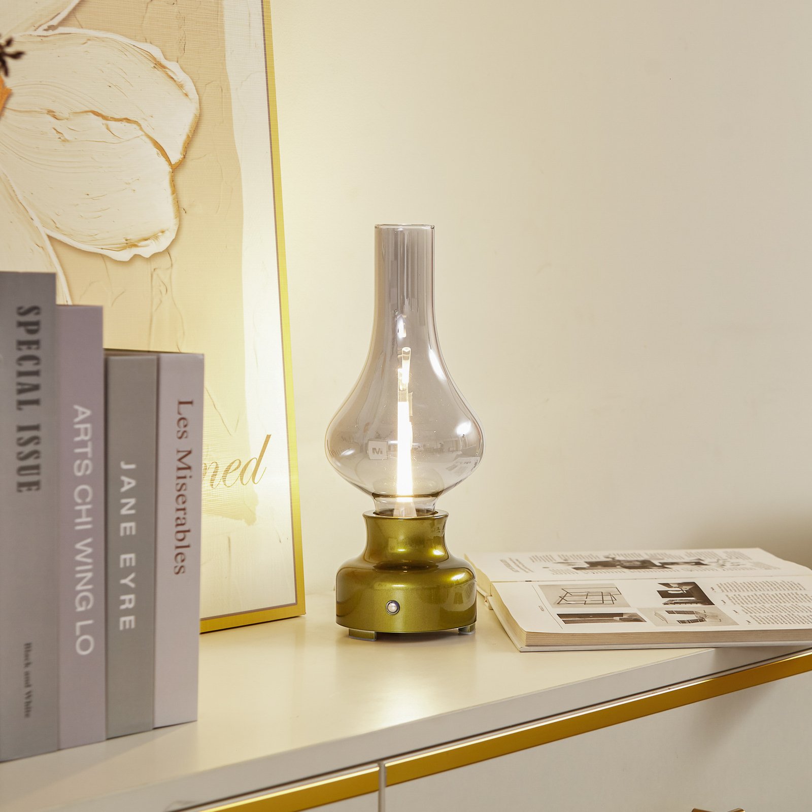 Lámpara de mesa Lindby LED recargable Maxentius, verde, regulador táctil