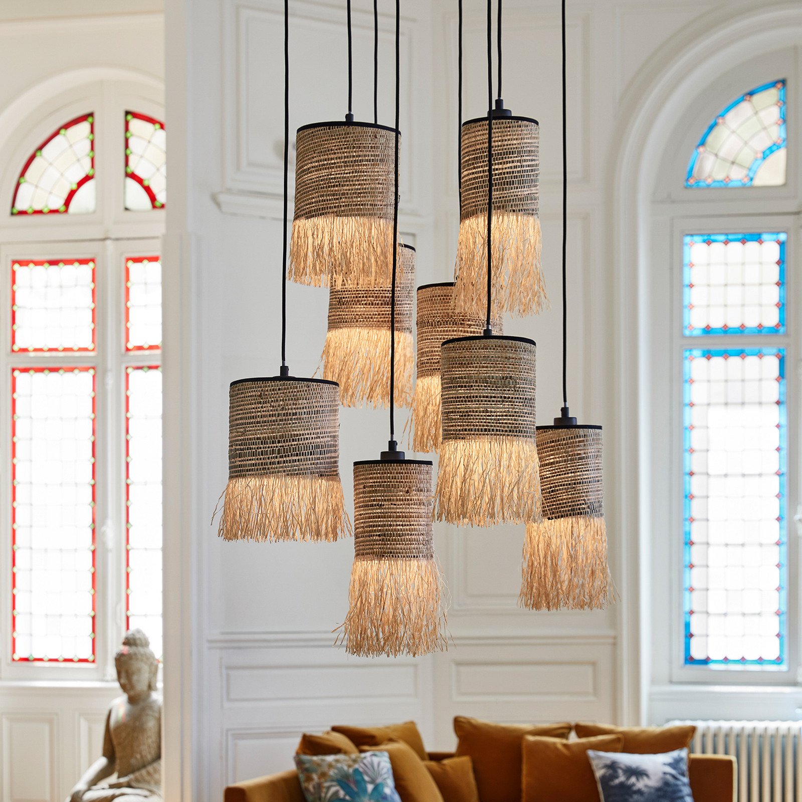 MARKET SET Lampă suspendată Formentera Ø 50 cm fibră de palmier 8 becuri - Camera de zi / sufragerie - design - bej natural negru
