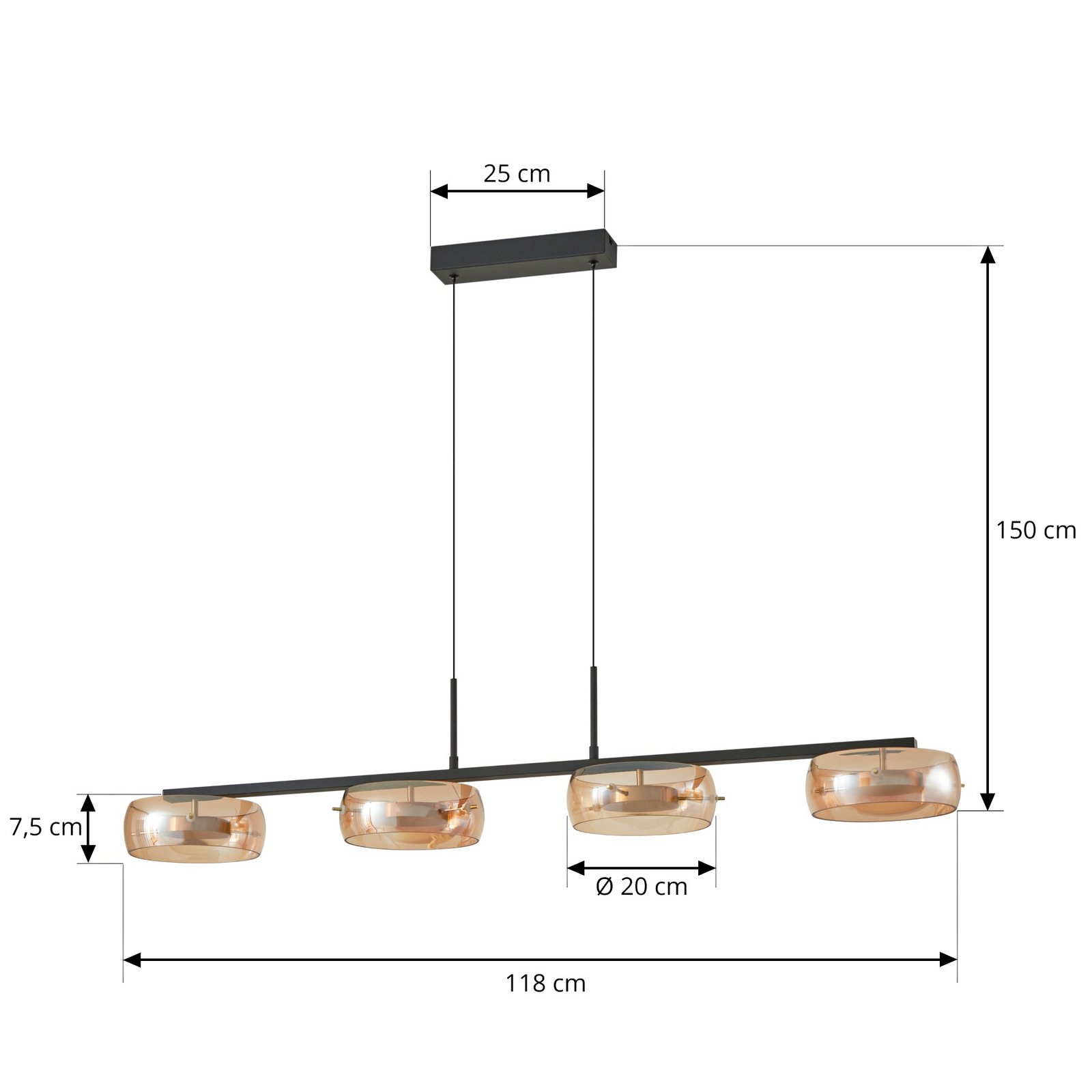 Lucande LED-pendant lamp, amber, 4-flames, glass, dimmable