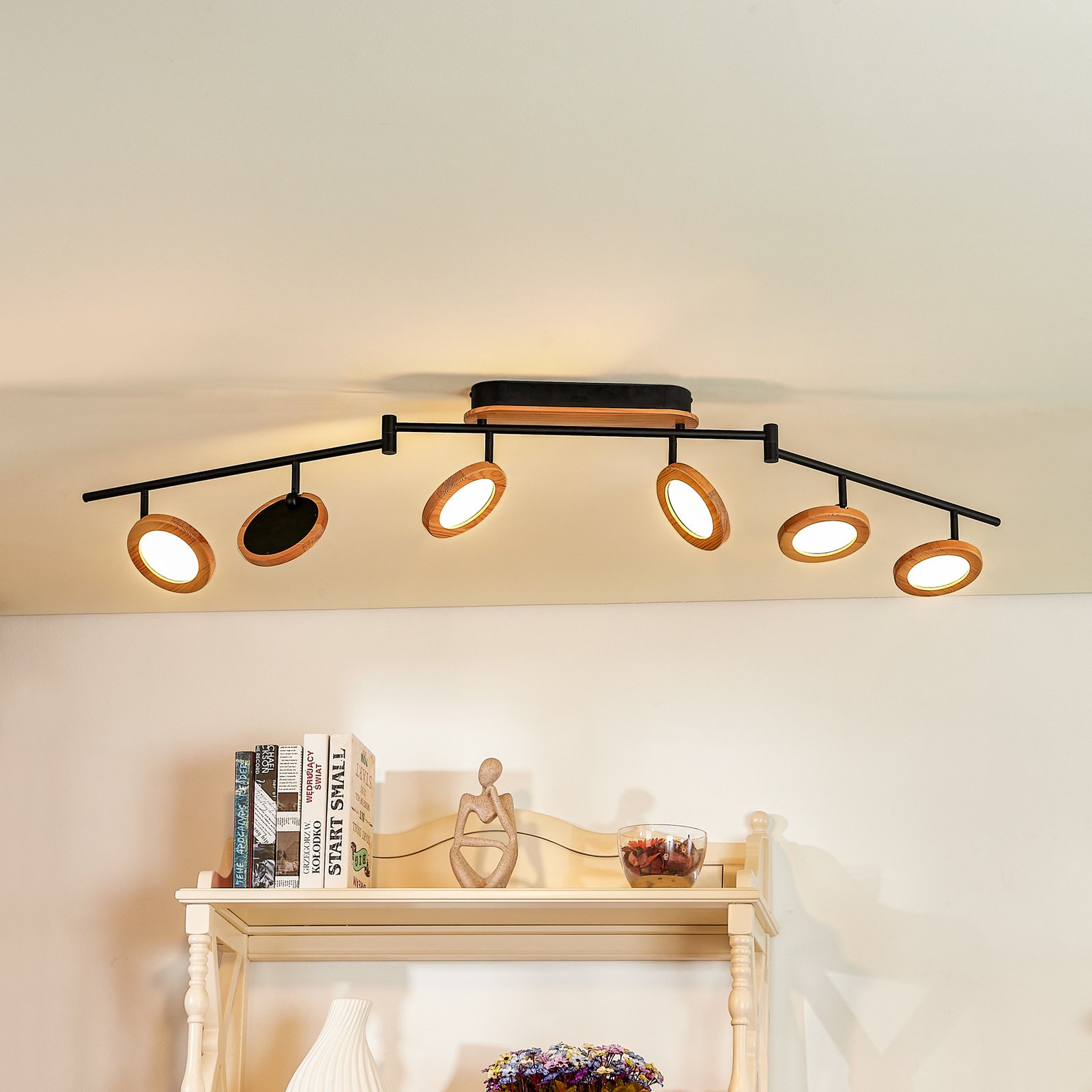 Lindby LED spotlight Manel, wood, 152 cm long, 6-bulb