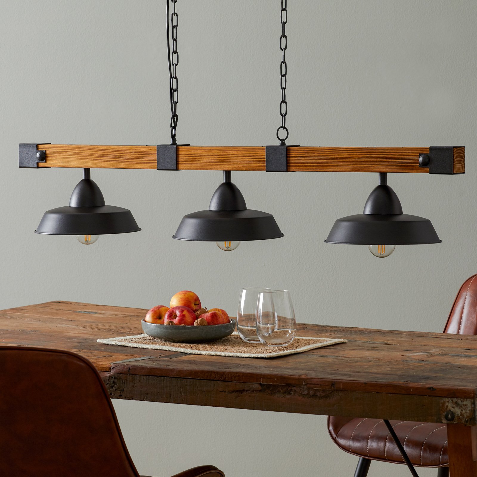 EGLO Oldbury pendant light with a rustic look, for Living / Dining Room, metal, wood, E27, 60 W, energy efficiency: A++, L: 118 cm, W: 26 cm