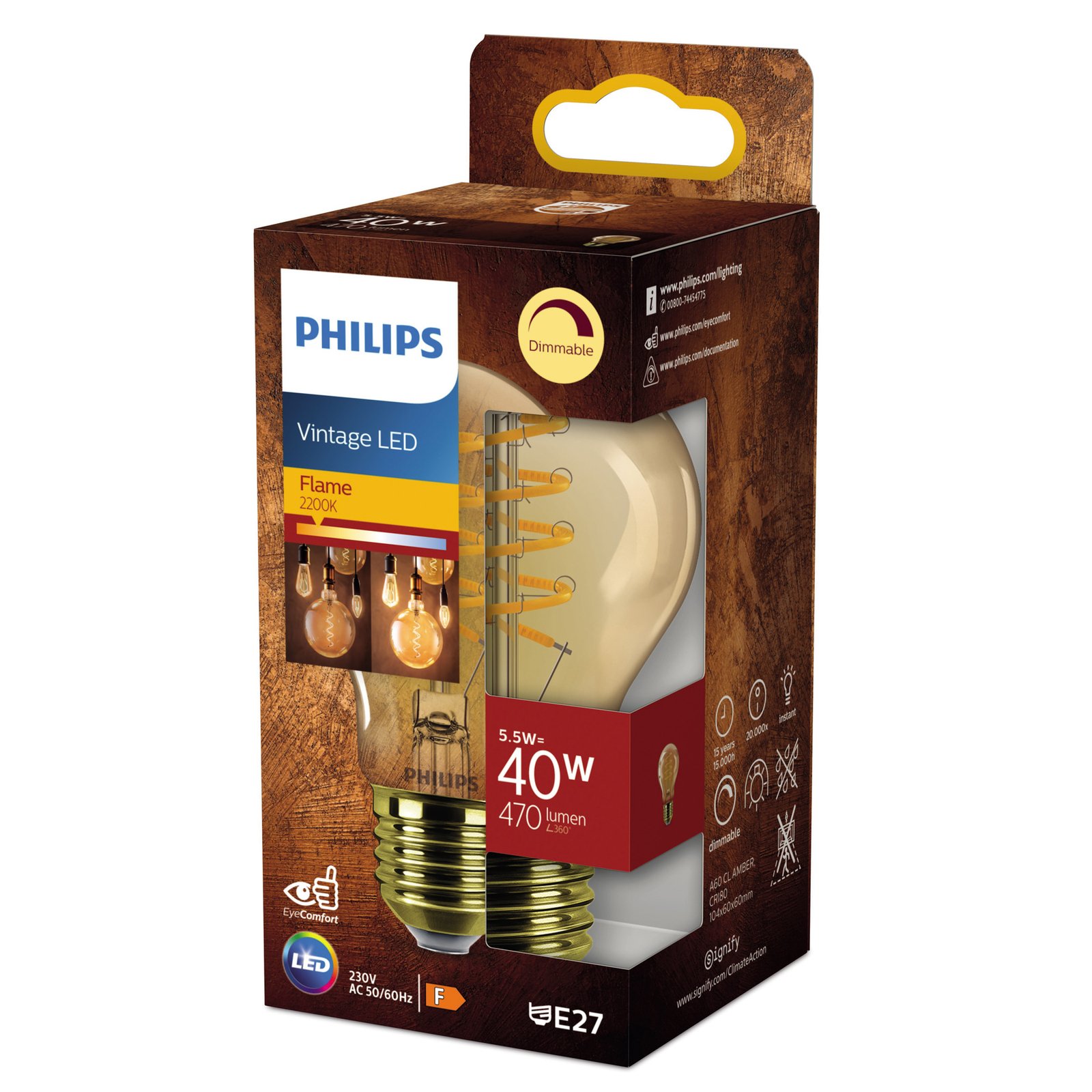 Philips E27 bombilla LED A60 5,5W dim 2.200K oro