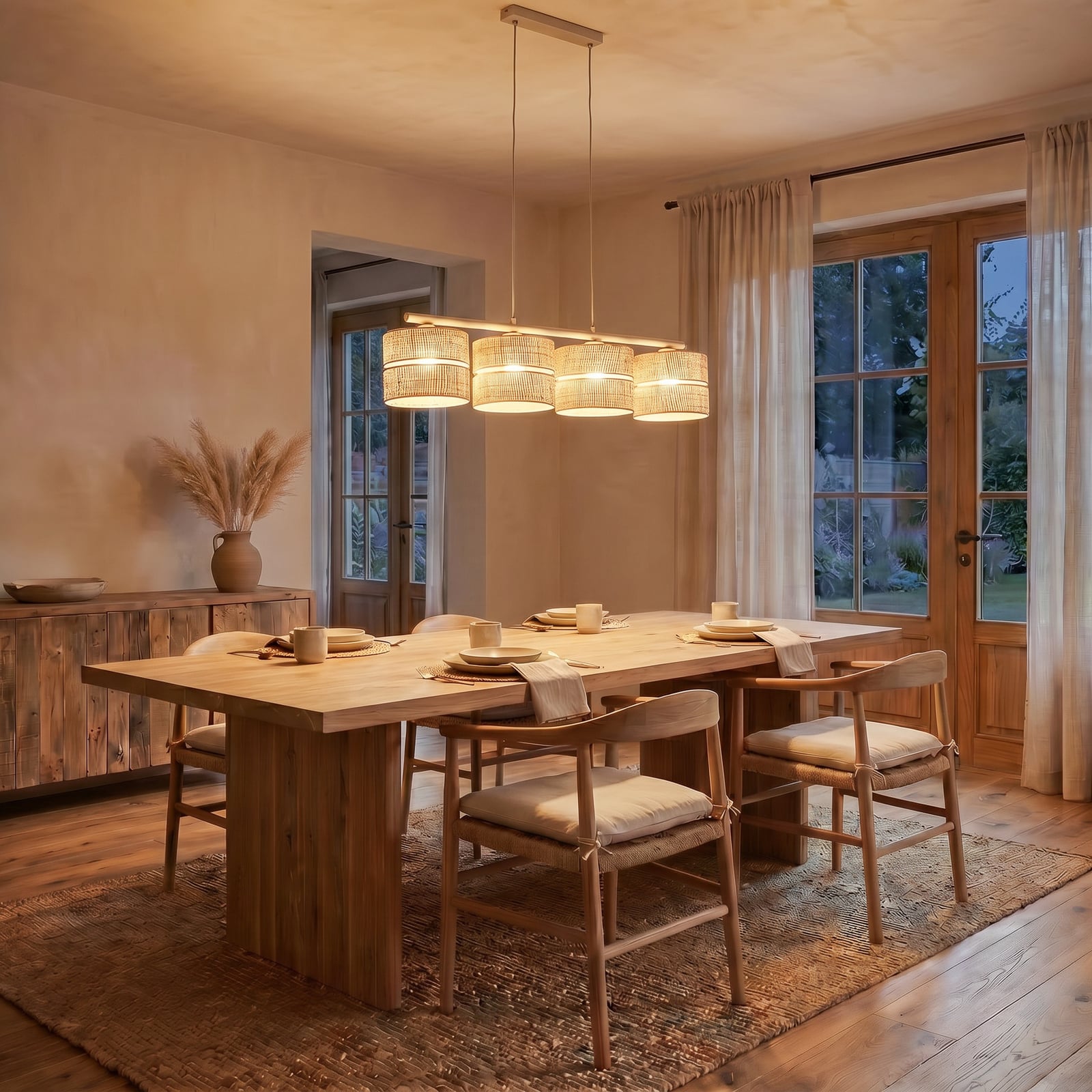 Hengelampe Calma, 4 lyskilder, beige, bast, lengde 95 cm