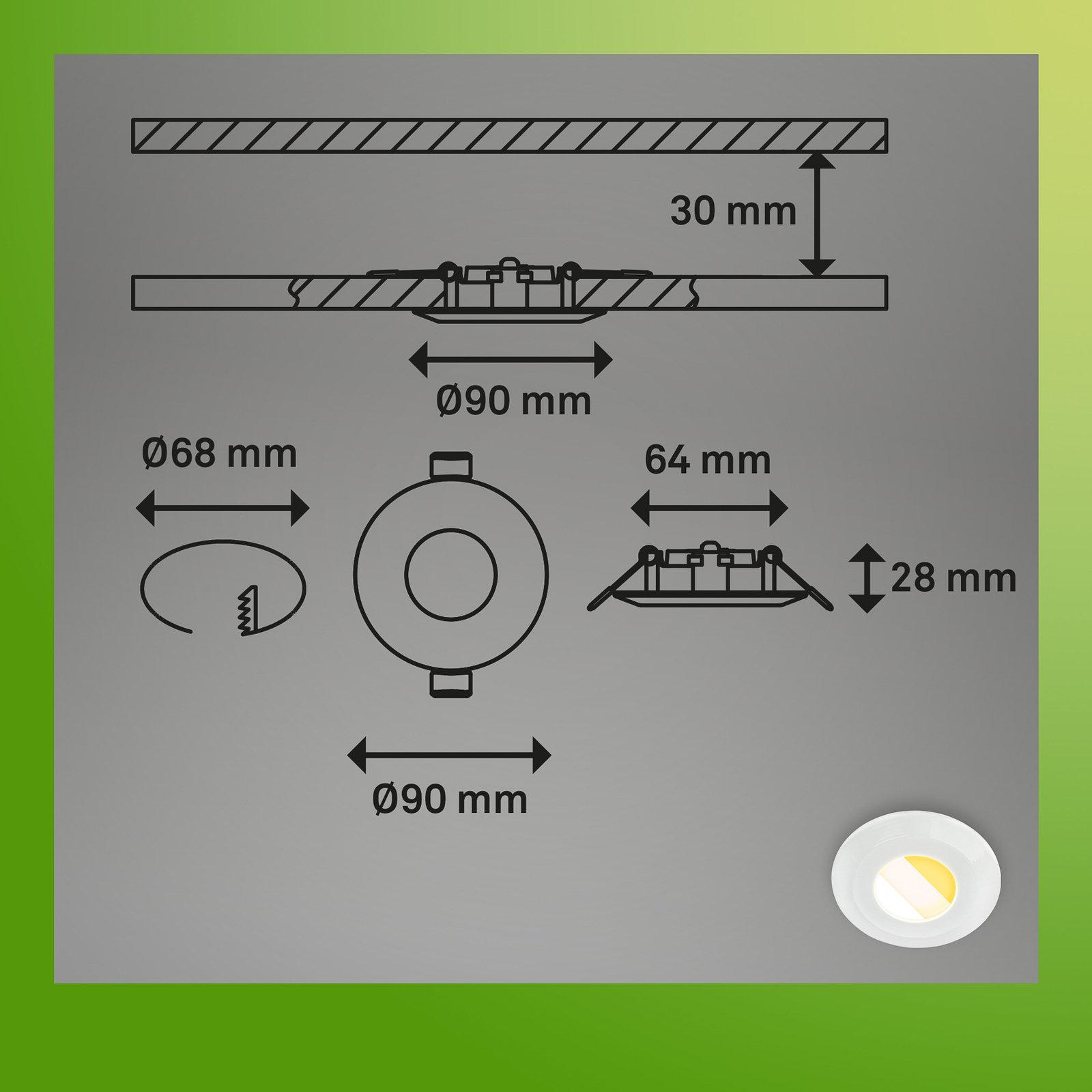 Klira uppoasennettava LED-valaisin, valkoinen, Ø 9cm, IP44, himmennettävä,