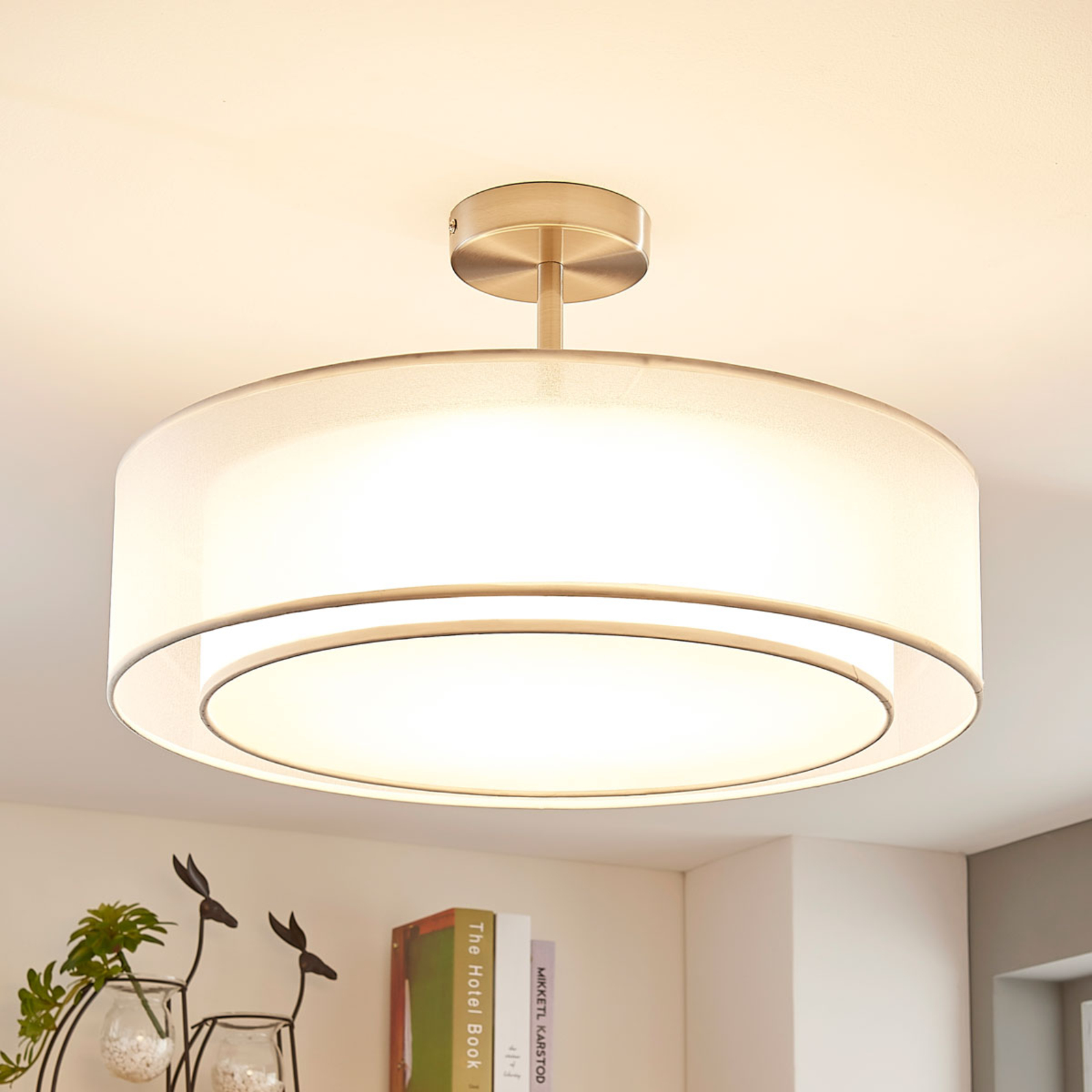 Lindby Pikka LED ceiling lamp, 3 dimmable levels, white, for Living / Dining Room, fabric, metal, 12 W, energy efficiency: A+, H: 30.5 cm