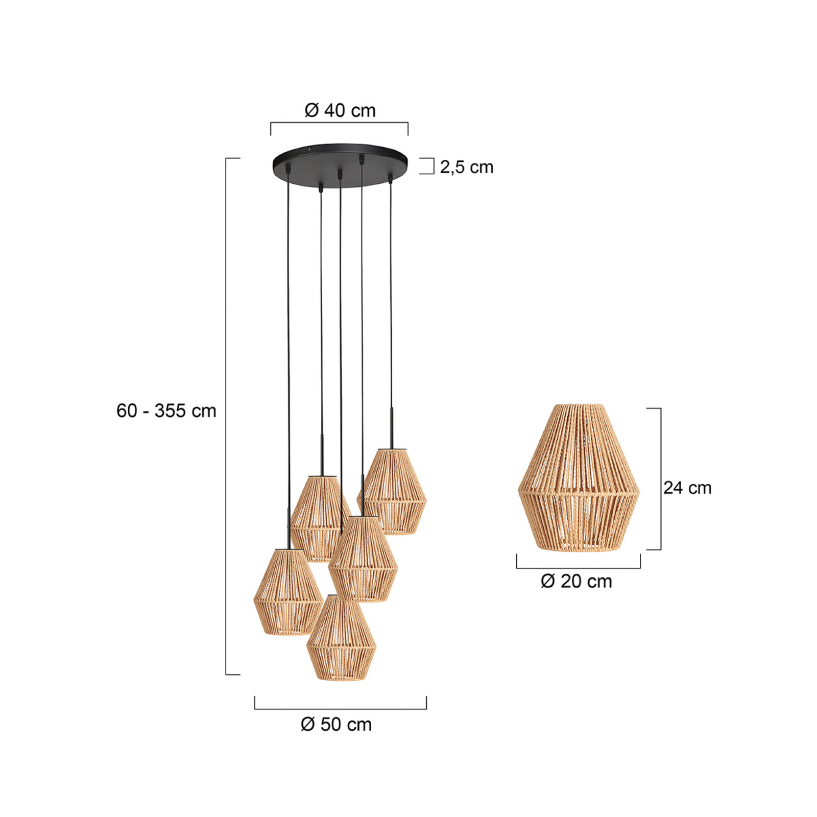 Suspension Ropex 4526, à 5 lampes, ronde, noire, câble marron