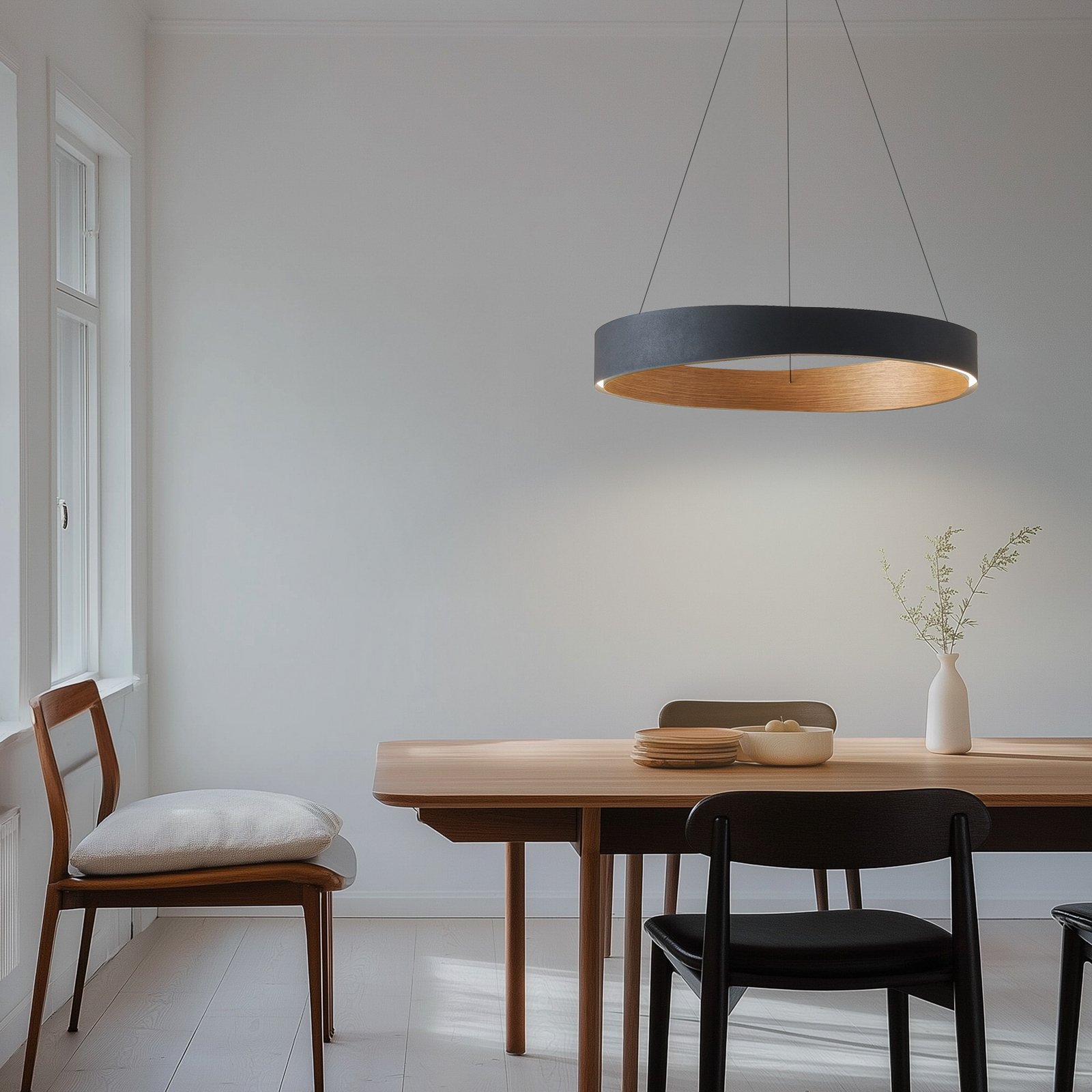 Lampada LED a sospensione Daelor, nero/legno, CCT, dimmerabile - Lucande