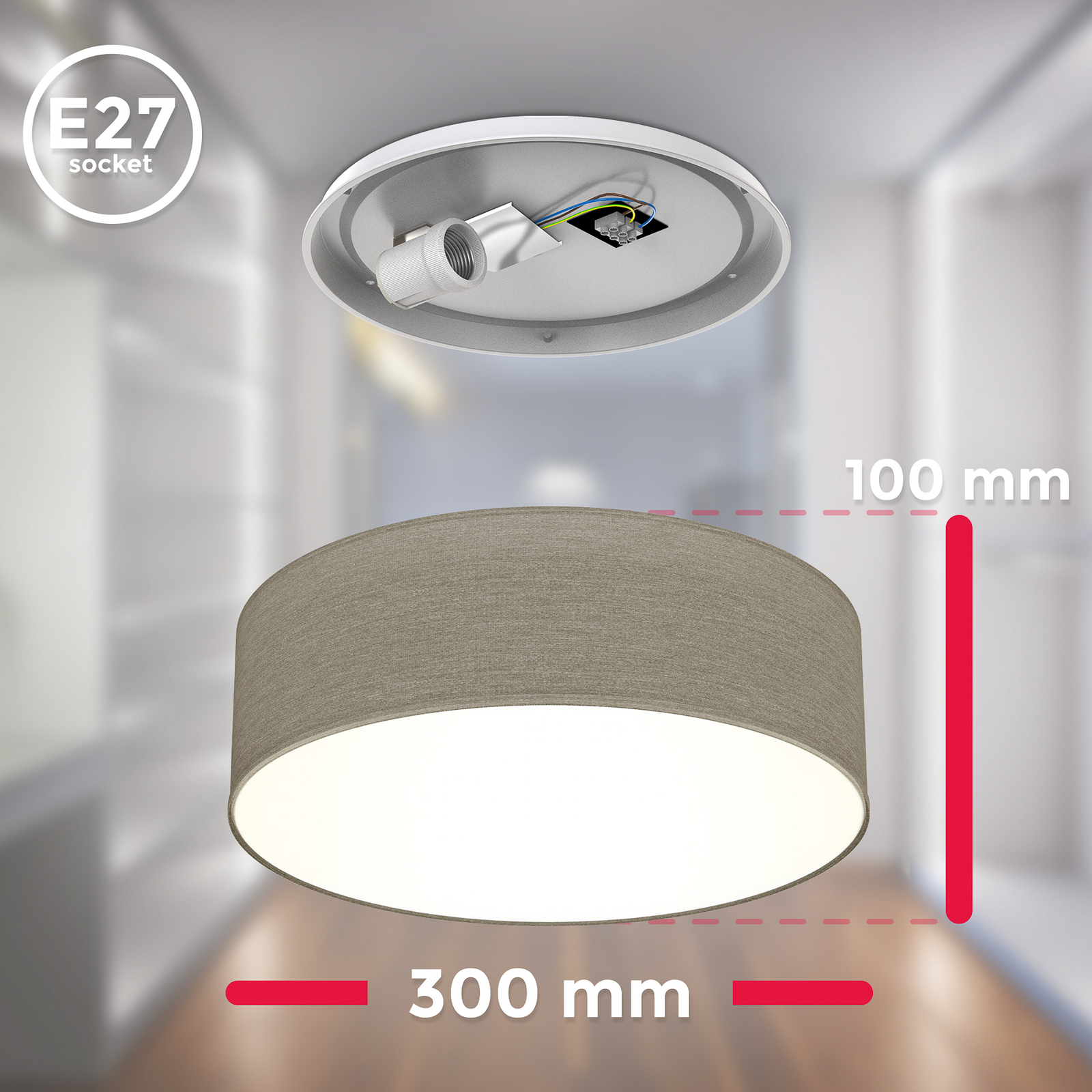 Plafondlamp Litora, taupe, Ø 30 cm, textiel, E27 Plafondlamp Litora, taupe, Ø 30 cm, textiel, E27