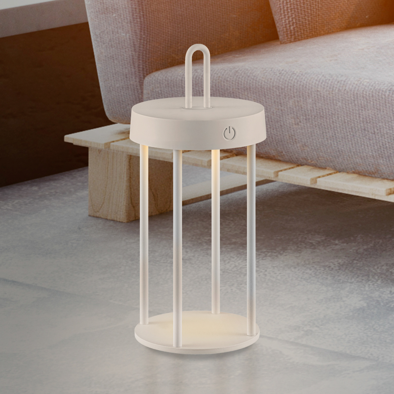 JUST LIGHT. Lampe de table LED rechargeable Anselm gris-beige 28cm fer