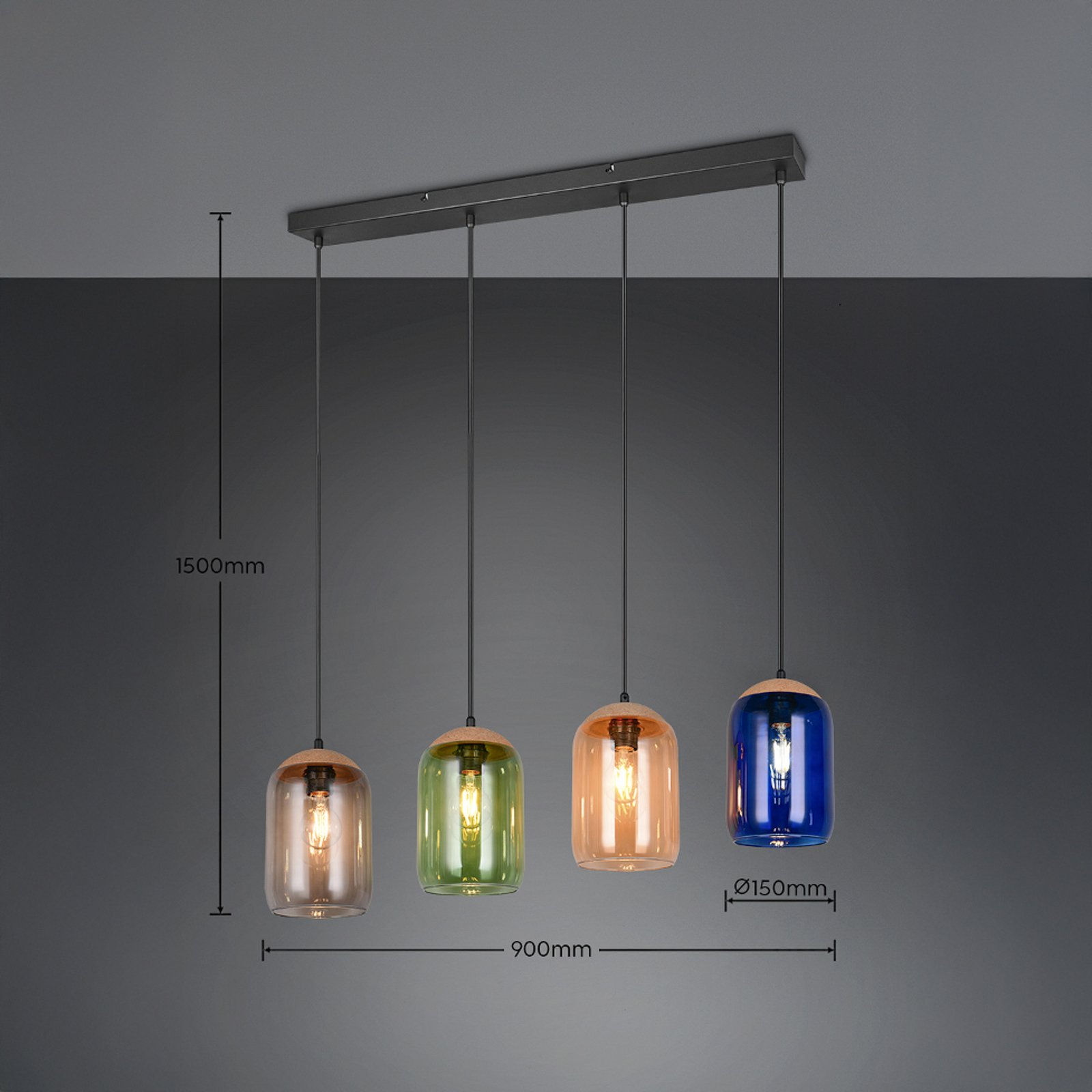 Cork pendant light, multicoloured, length 90 cm, 4-bulb glass/cork