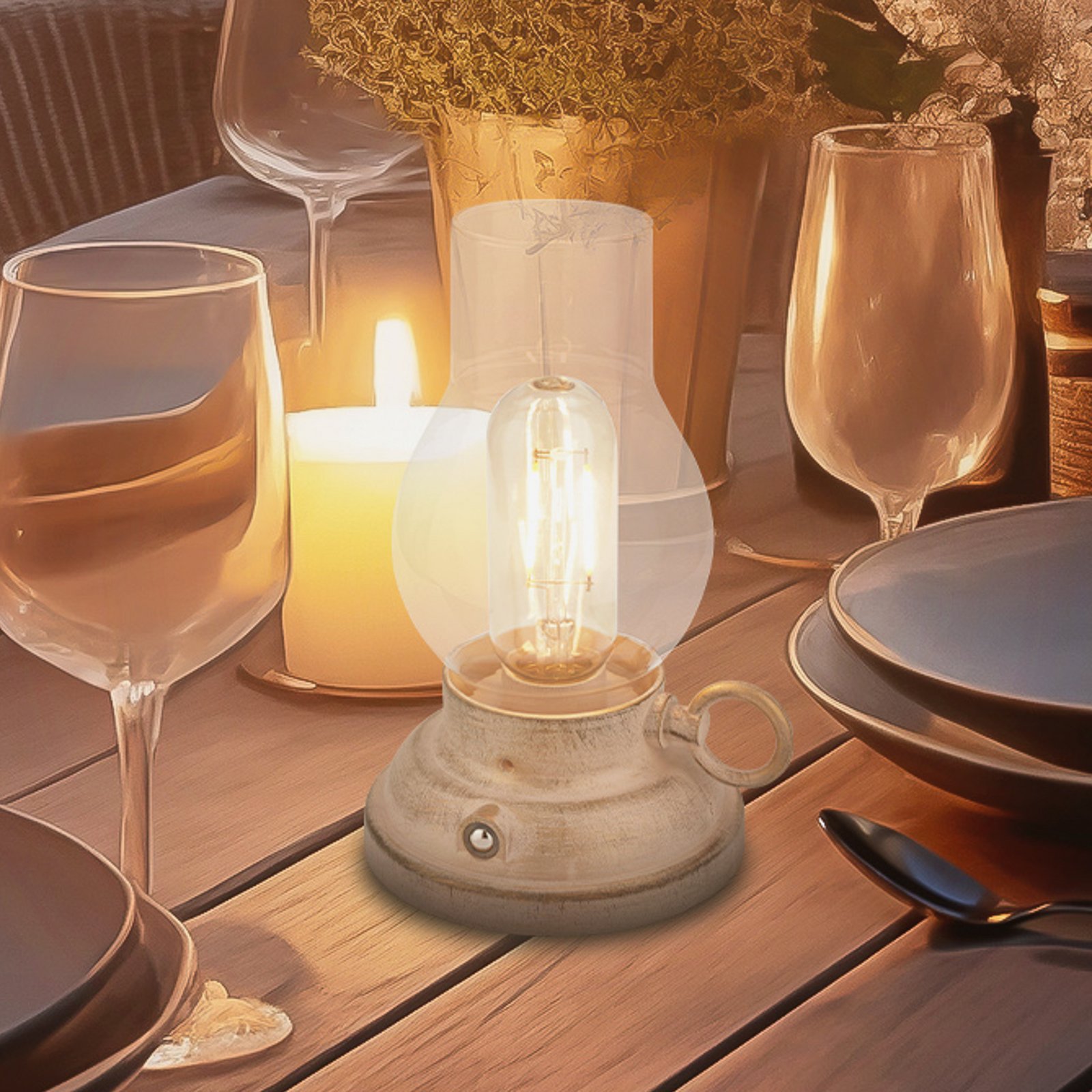LED-akku-pöytälamppu Brilo unplugged Kanea, beige, korkeus 18 cm