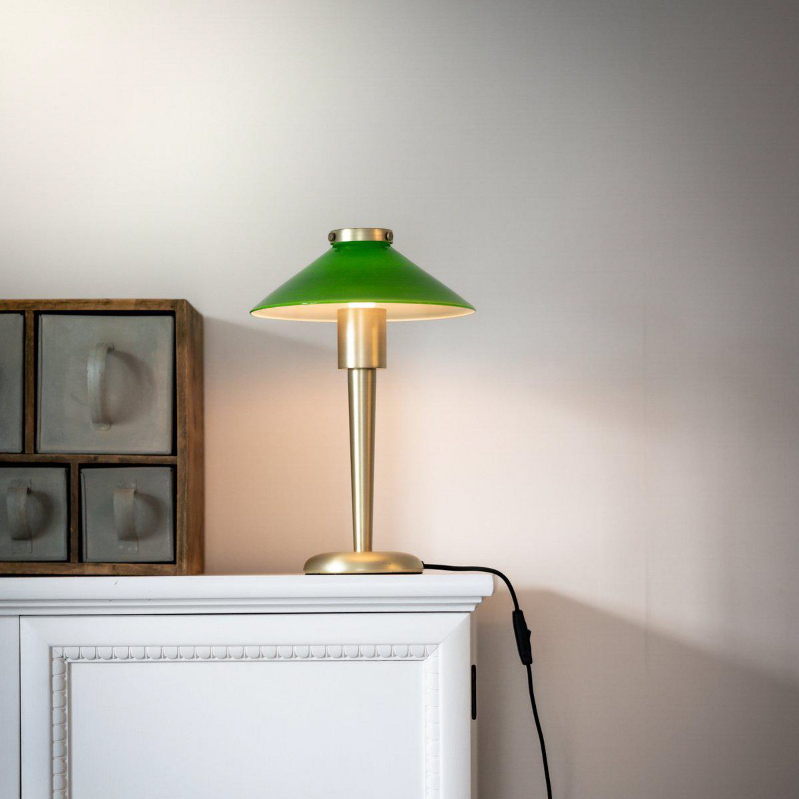 PR Home August table lamp, brass-coloured/green, 34 cm, metal