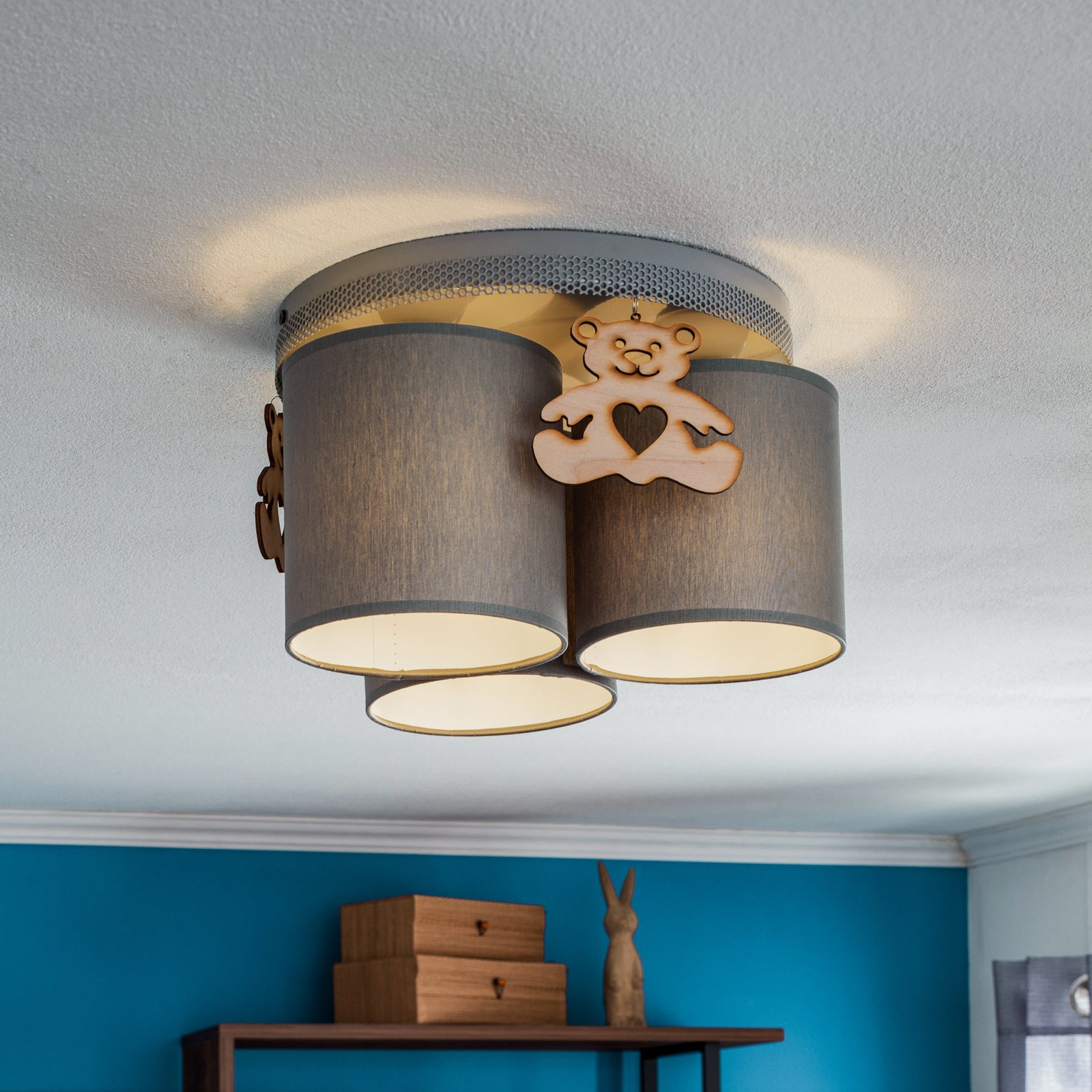 Mis ceiling light, grey, wooden bear, three-bulb