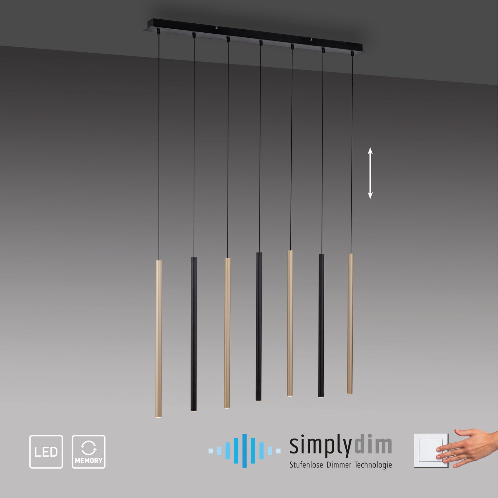 Candeeiro suspenso Flute LED, regulável, 7 luzes
