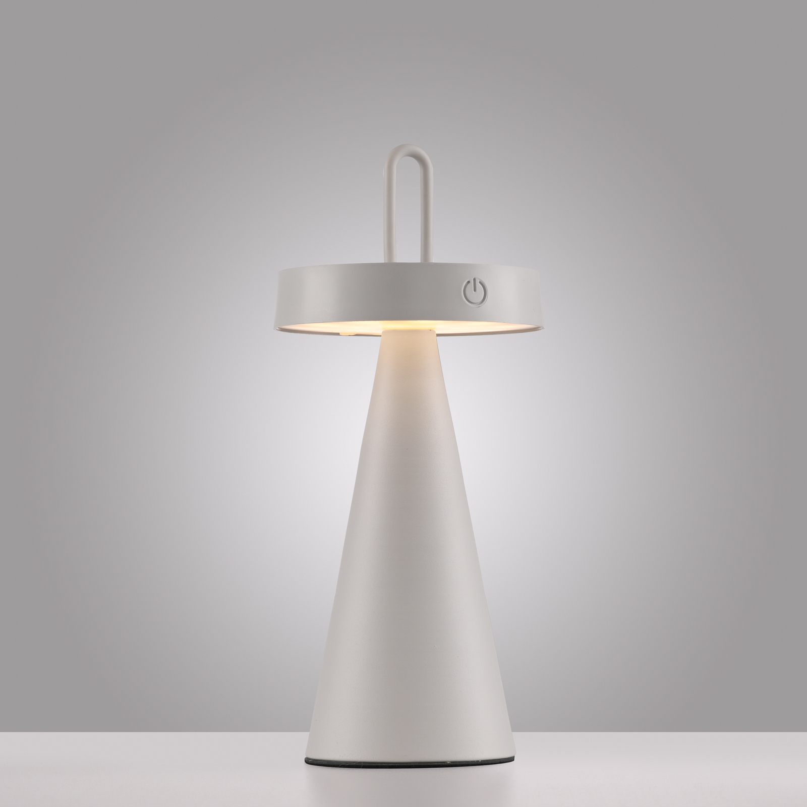 JUST LIGHT. Lámpara de mesa LED recargable Alwa gris-beige hierro IP44