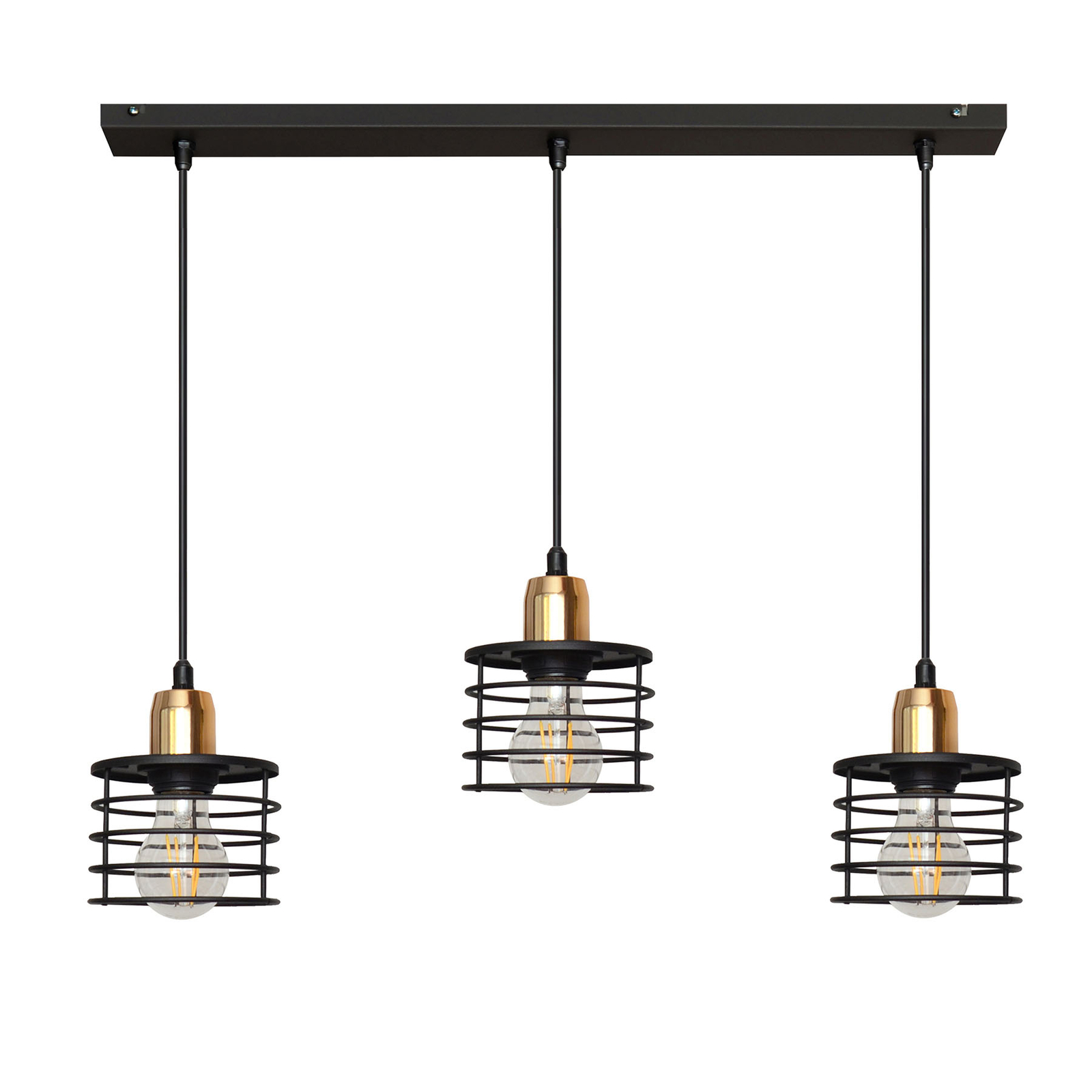 HELam Edison hanging lamp in black/copper, 3-bulb long, for Living / Dining Room, iron, E27, 60 W, energy efficiency: A++, L: 65 cm, W: 18 cm