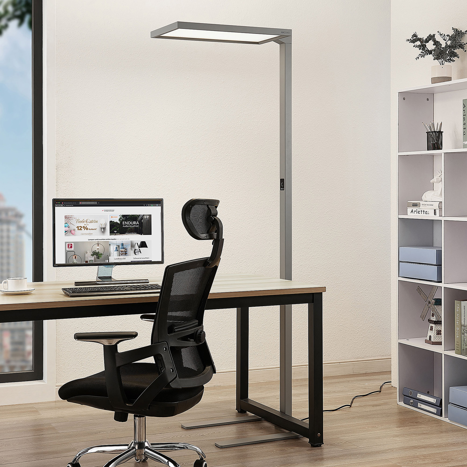 Arcchio Nelus LED office floor lamp, dimmable, for Workroom / Office, aluminium, plastic, 80 W, energy efficiency: A+, L: 69 cm, W: 31 cm, H: 196.9 cm