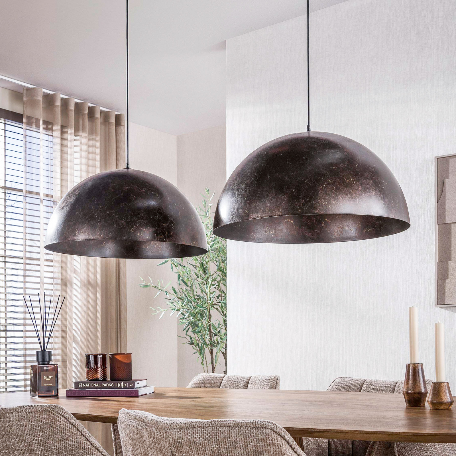 Pendelleuchte Dome, braun, Metall, 2-flammig, E27, 142 cm