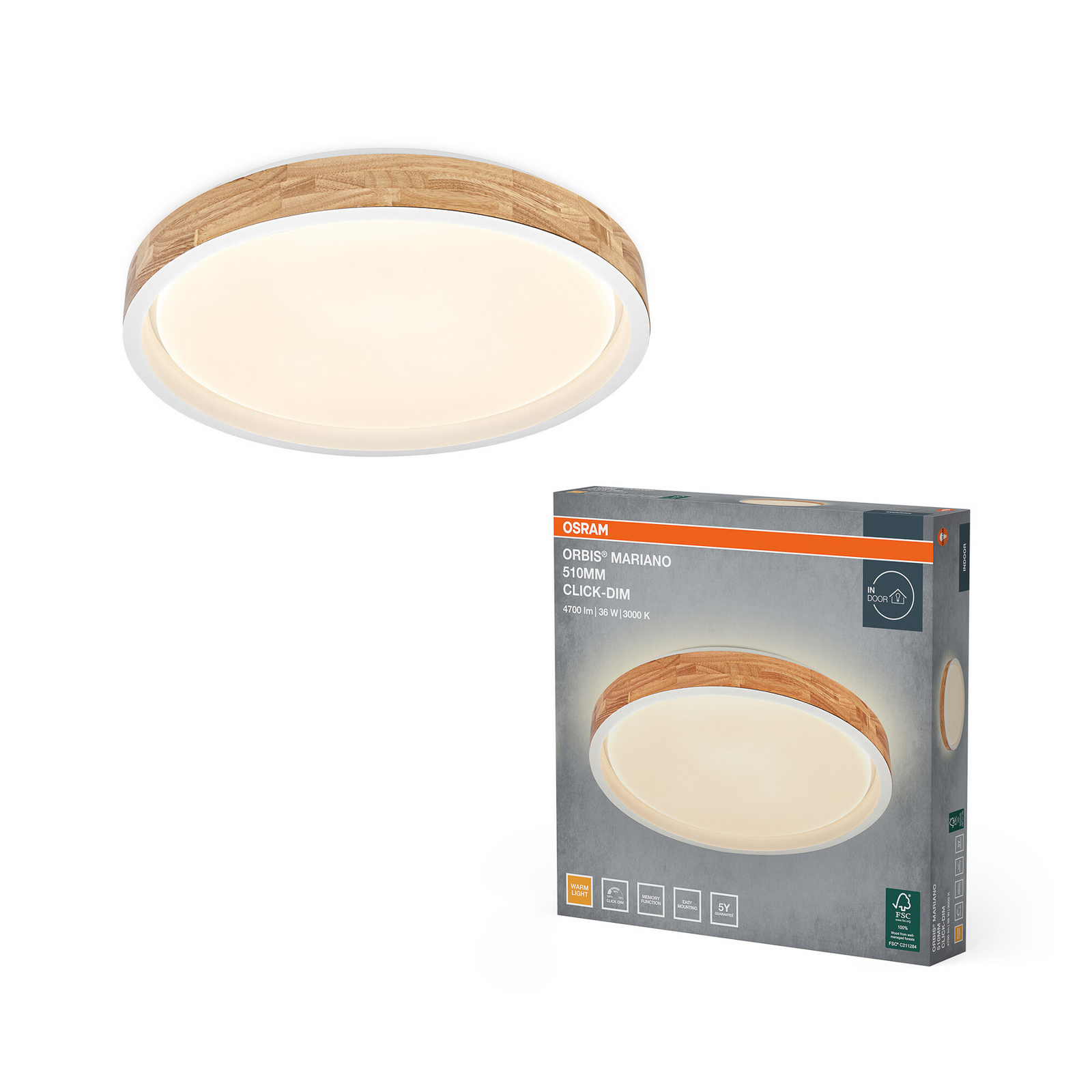 OSRAM LED griestu lampa ORBIS MARIANO, koks/balts, Ø 51 cm, ar dimmeri OSRAM LED griestu lampa ORBIS MARIANO, koks/balts, Ø 51 cm, ar dimmeri