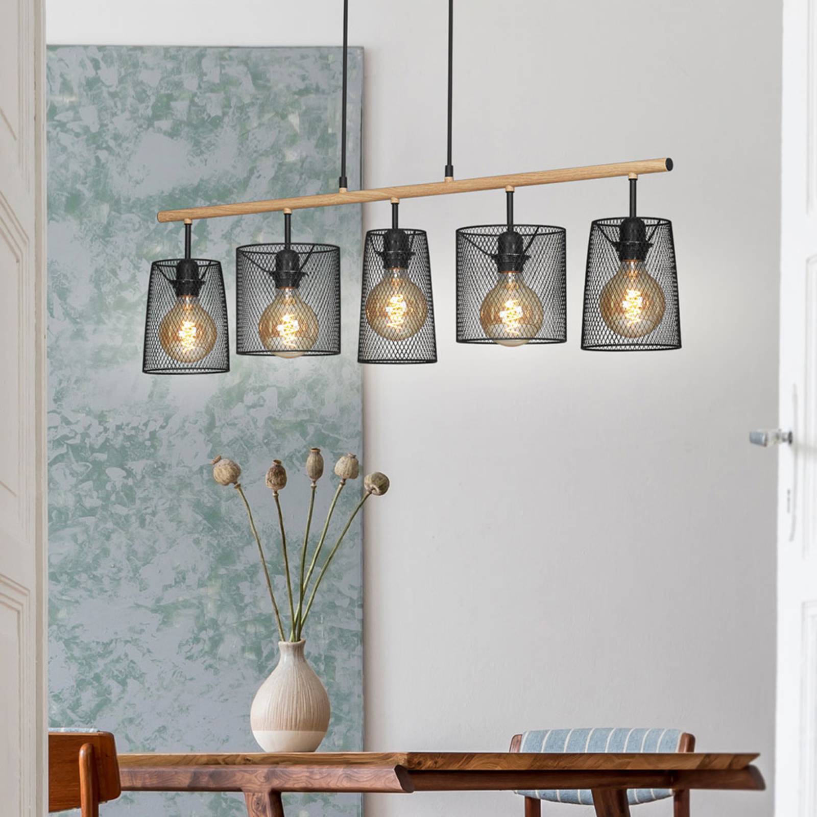Brilonger Retro hanging light, 5-bulb, light wood/black, for Living / Dining Room, wood, metal, E27, 60 W, energy efficiency: A++, L: 96 cm
