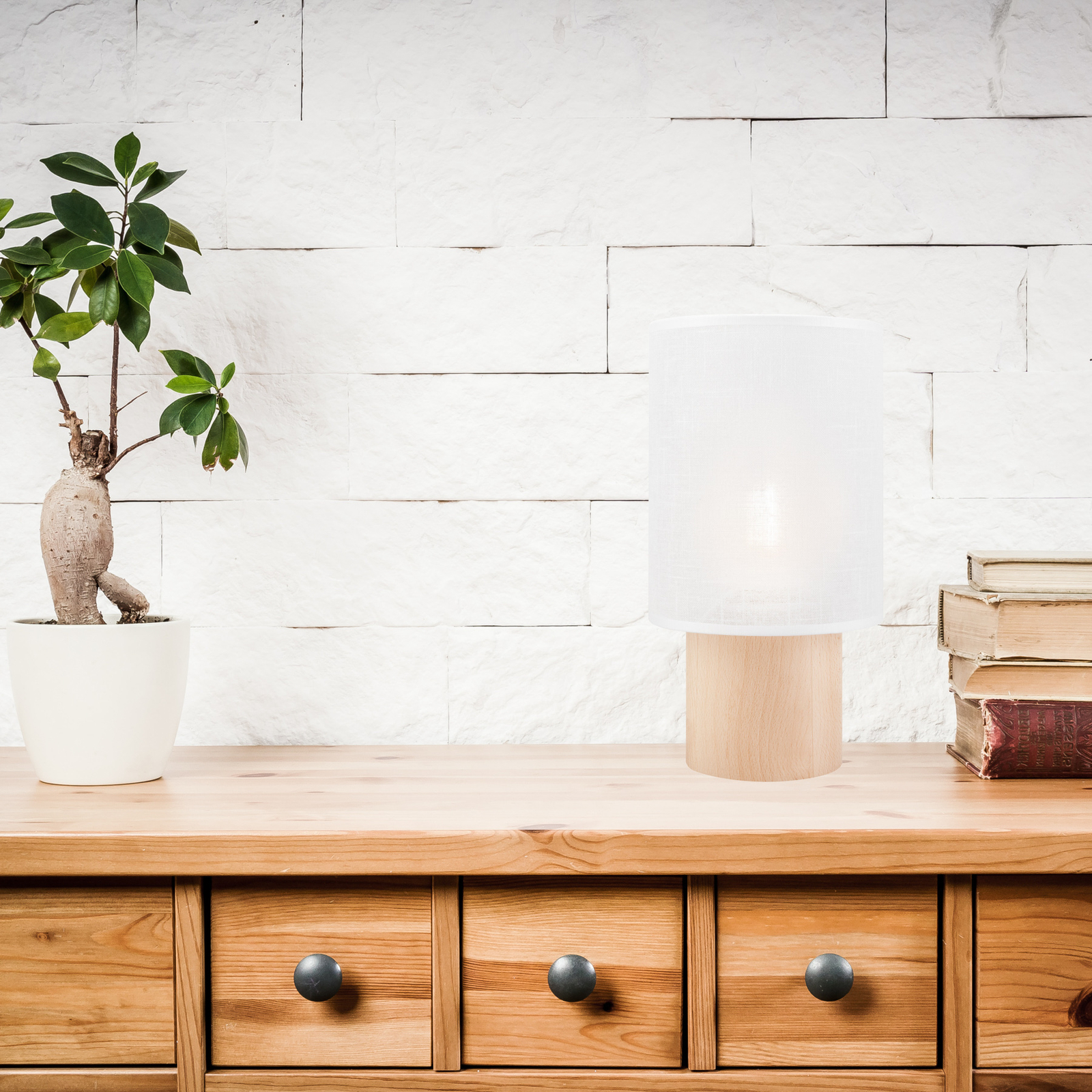 Envostar Asolita lámpara de mesa base de madera pantalla blanca