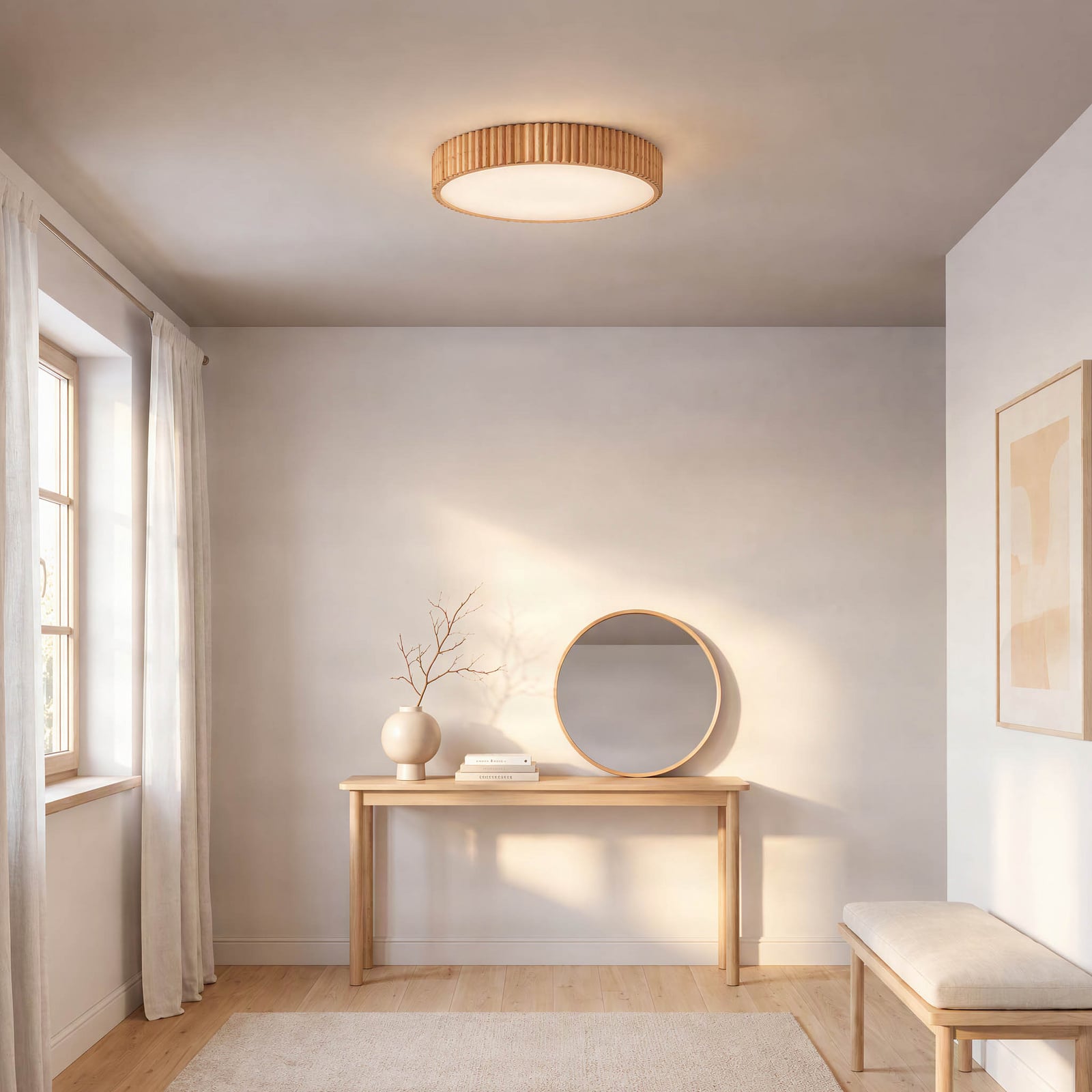 Lindby LED plafondlamp Velua, wit/licht hout, CCT, Ø 50 cm