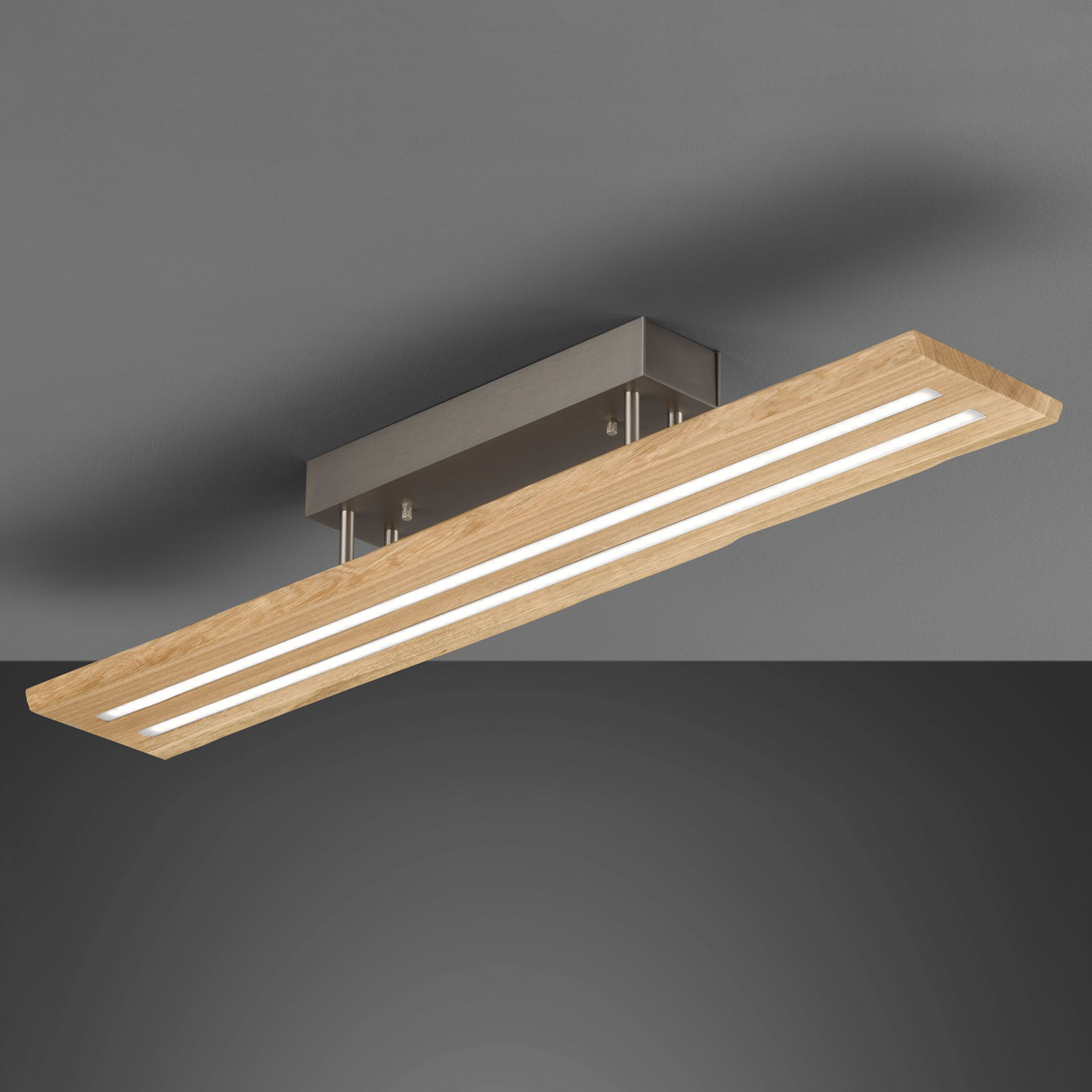 Lucande Cyra natural wood LED ceiling lamp waney edge look, for Living / Dining Room, oak, aluminium, steel, brass, 32 W, energy efficiency: A+, L: 98 cm, W: 16 cm, H: 15 cm