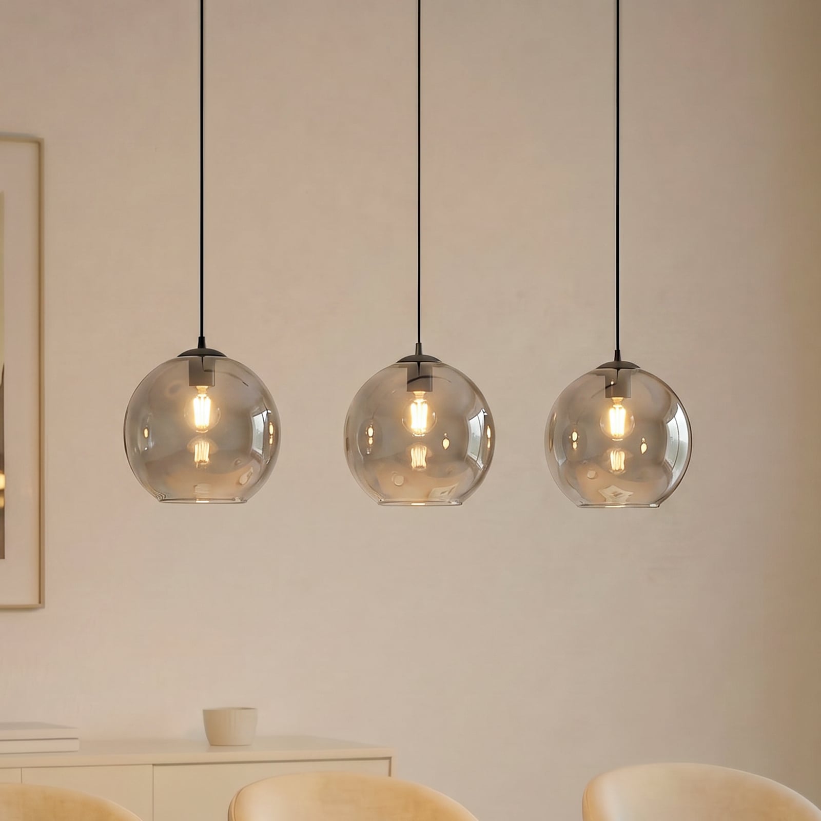 Lucande Brillar pendant light, smoke grey, glass, 3-bulb, 128 cm