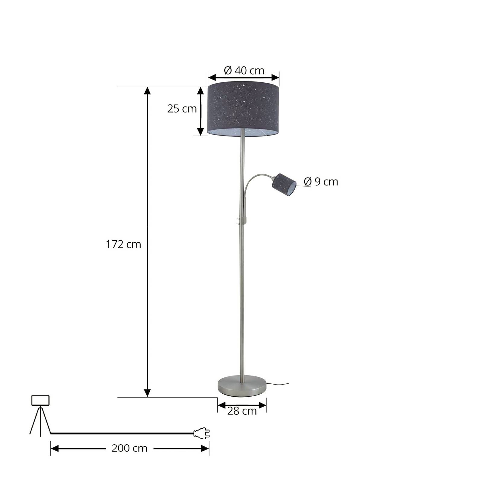 Lampa stojąca Lindby Jaileen, szary, tekstylna, 170 cm, lampka do czytania