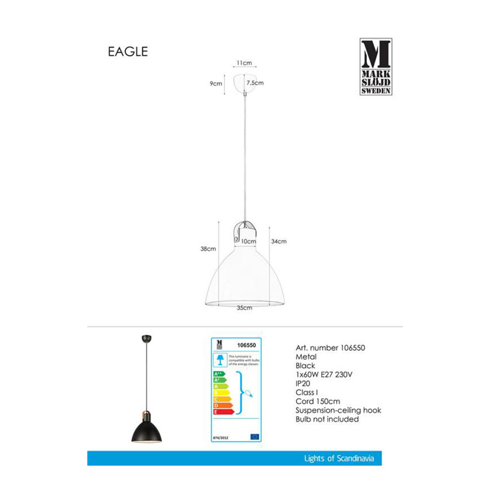 Eagle Lustră Pendul H35 Black - Markslöjd