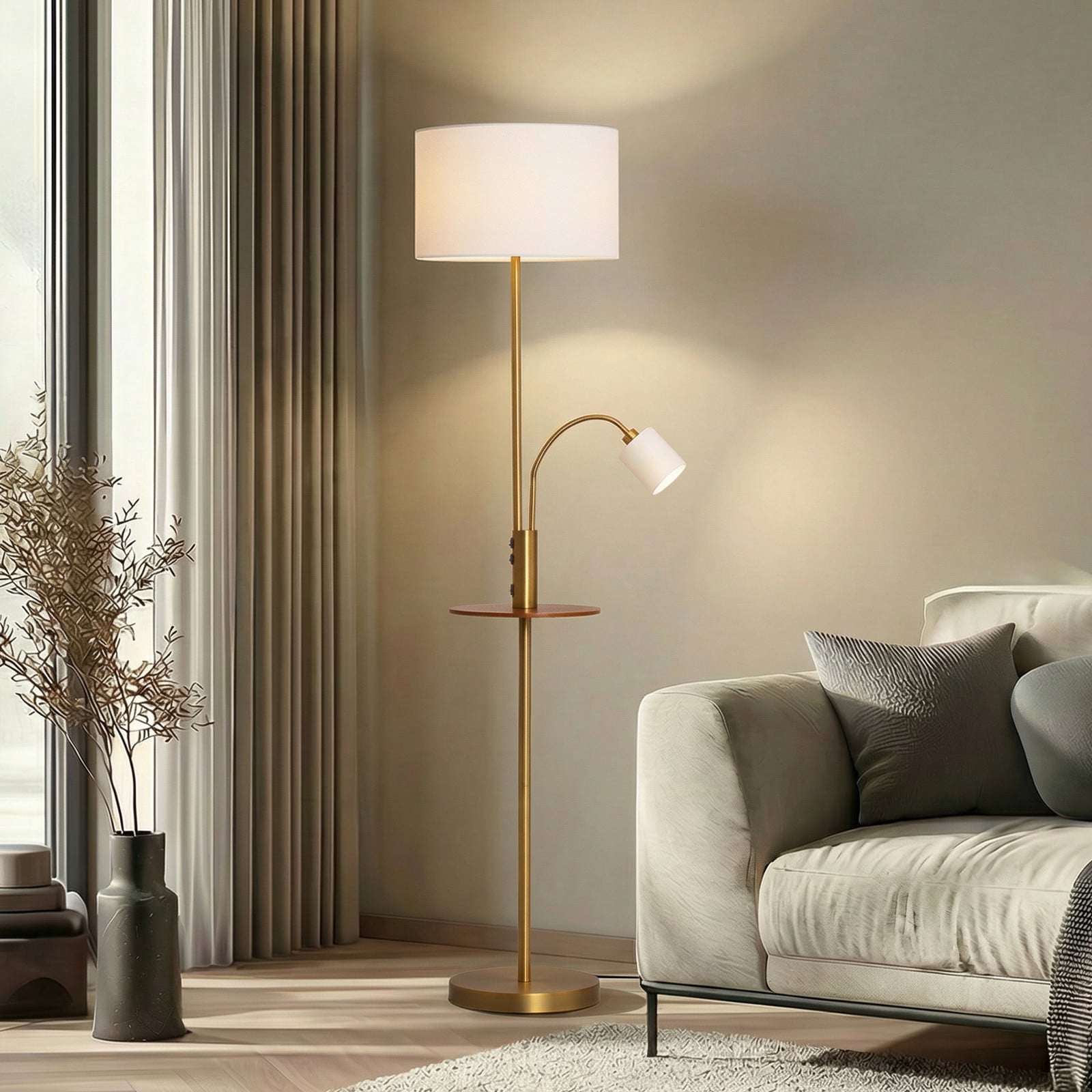 Lindby Lampadar Aovan bronz raft port USB - Camera de zi / sufragerie - Modern - bronz alb crem lemn închis - Metal