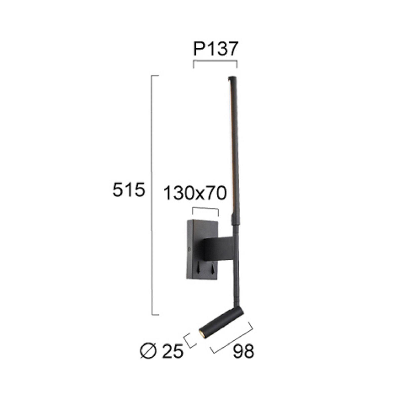 Applique murale LED Nido, noir, hauteur 51 cm, métal