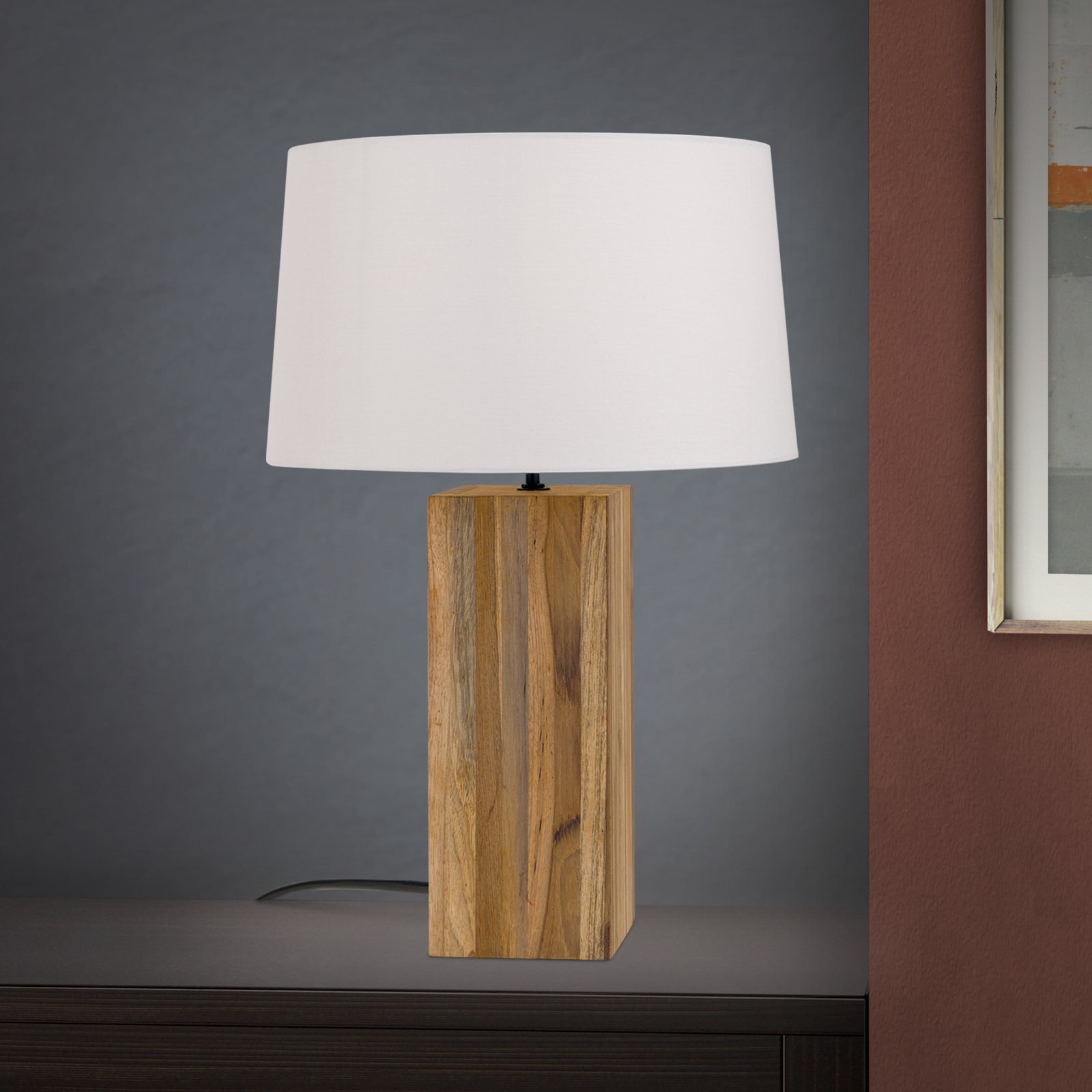 Lámpara de mesa Dallas con base cuboide de madera