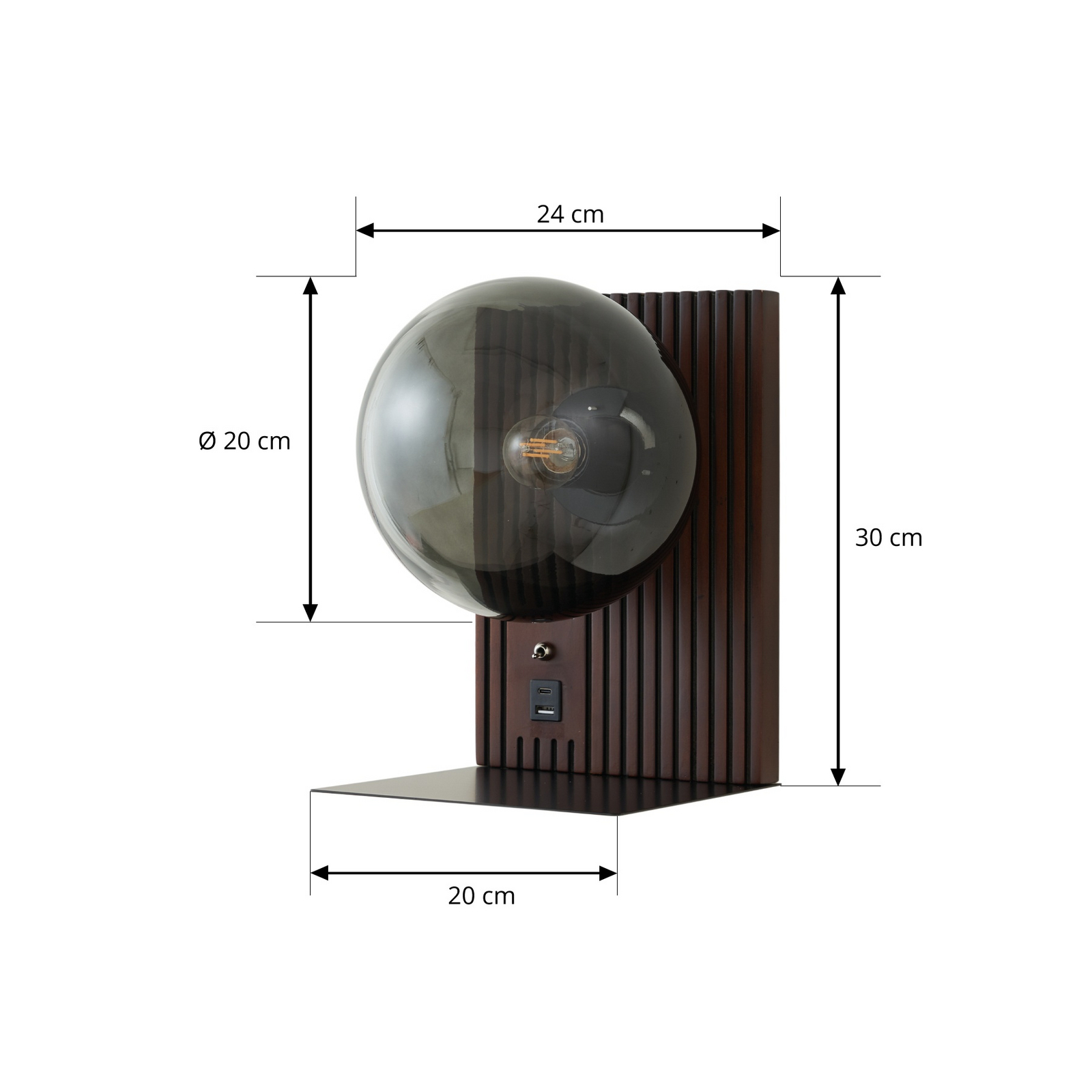 Aplică de perete Lucande Veloura, înălțime 30 cm, sticlă, lemn, USB