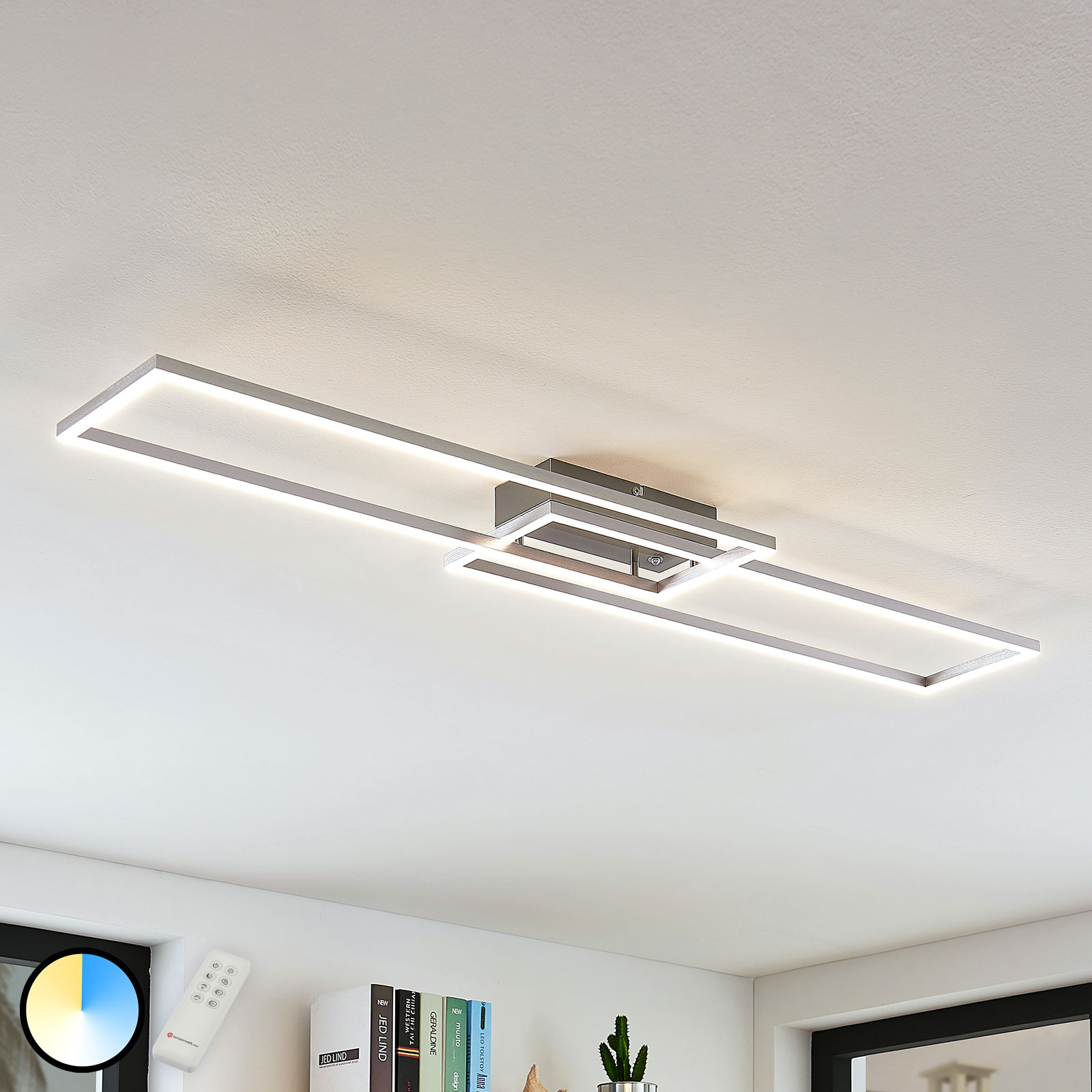 LED ceiling light Quadra, dimmable two-bulb 110 cm, Lampenwelt.com, for Living / Dining Room, stainless steel, acrylic, 20 W, energy efficiency: A+, L: 110 cm, W: 25 cm, H: 7 cm