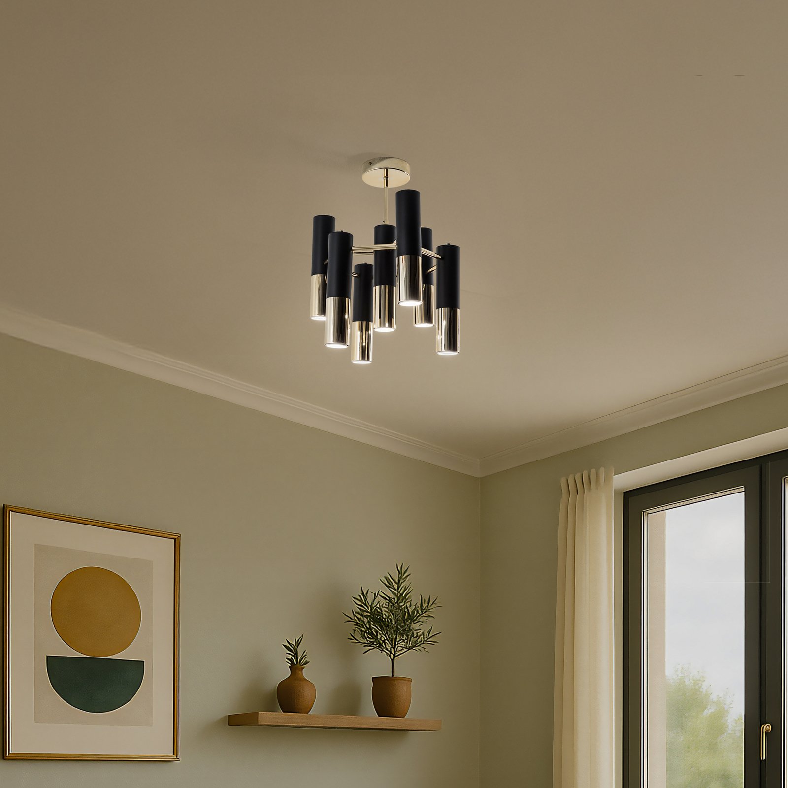 Taklampe Orino, svart/gull, metall, 7 lyskilder, GU10
