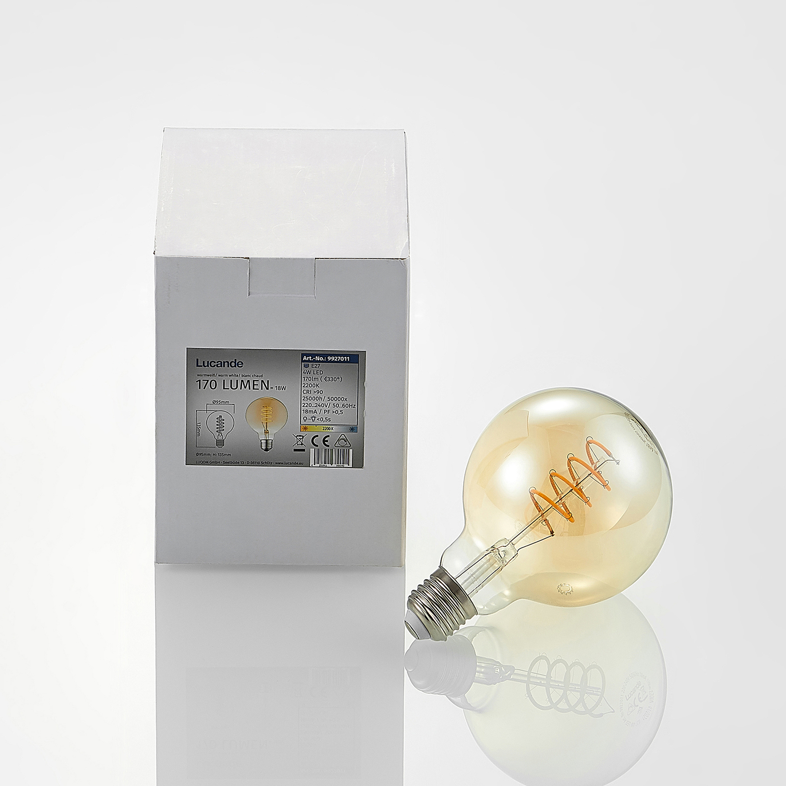 Lucande LED E27 G95 4W 1,800K dim amber 2-pack