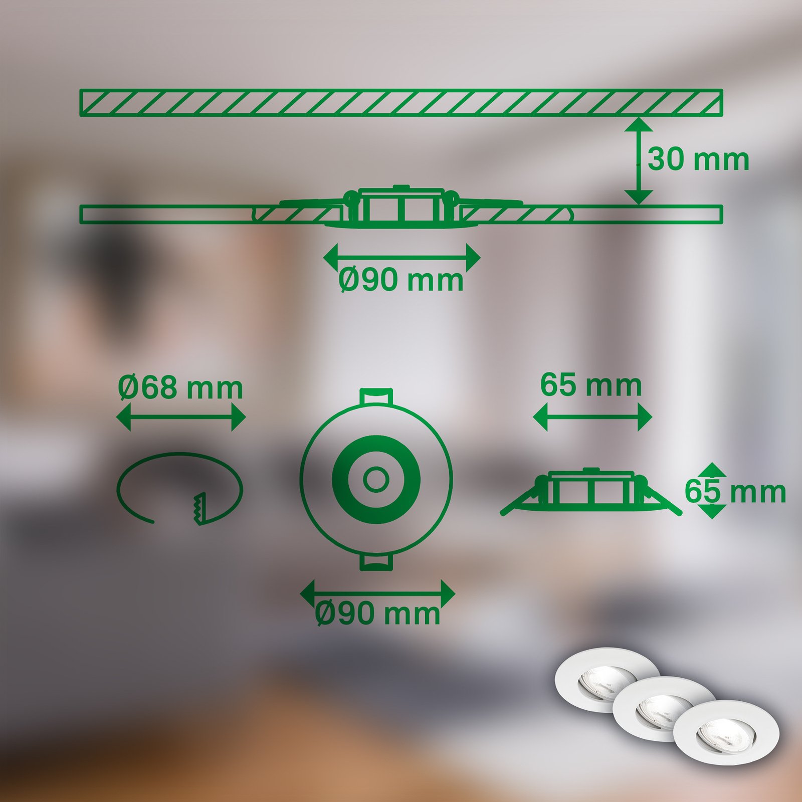 Kulana A indbygningslampe, hvid, 4000K, Ø9cm, sæt med 3 stk