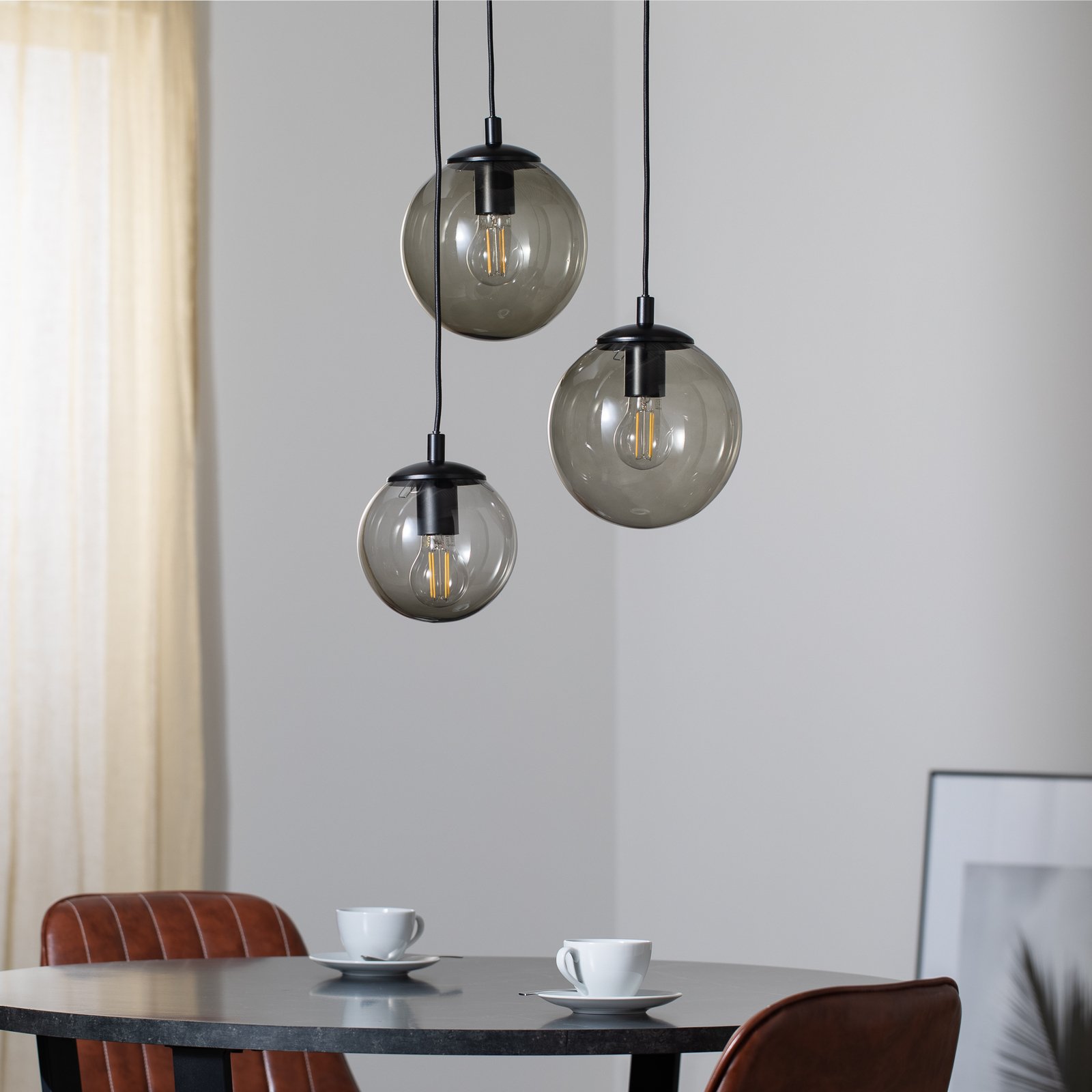 Smoky pendant light, glass lampshades, 3-bulb