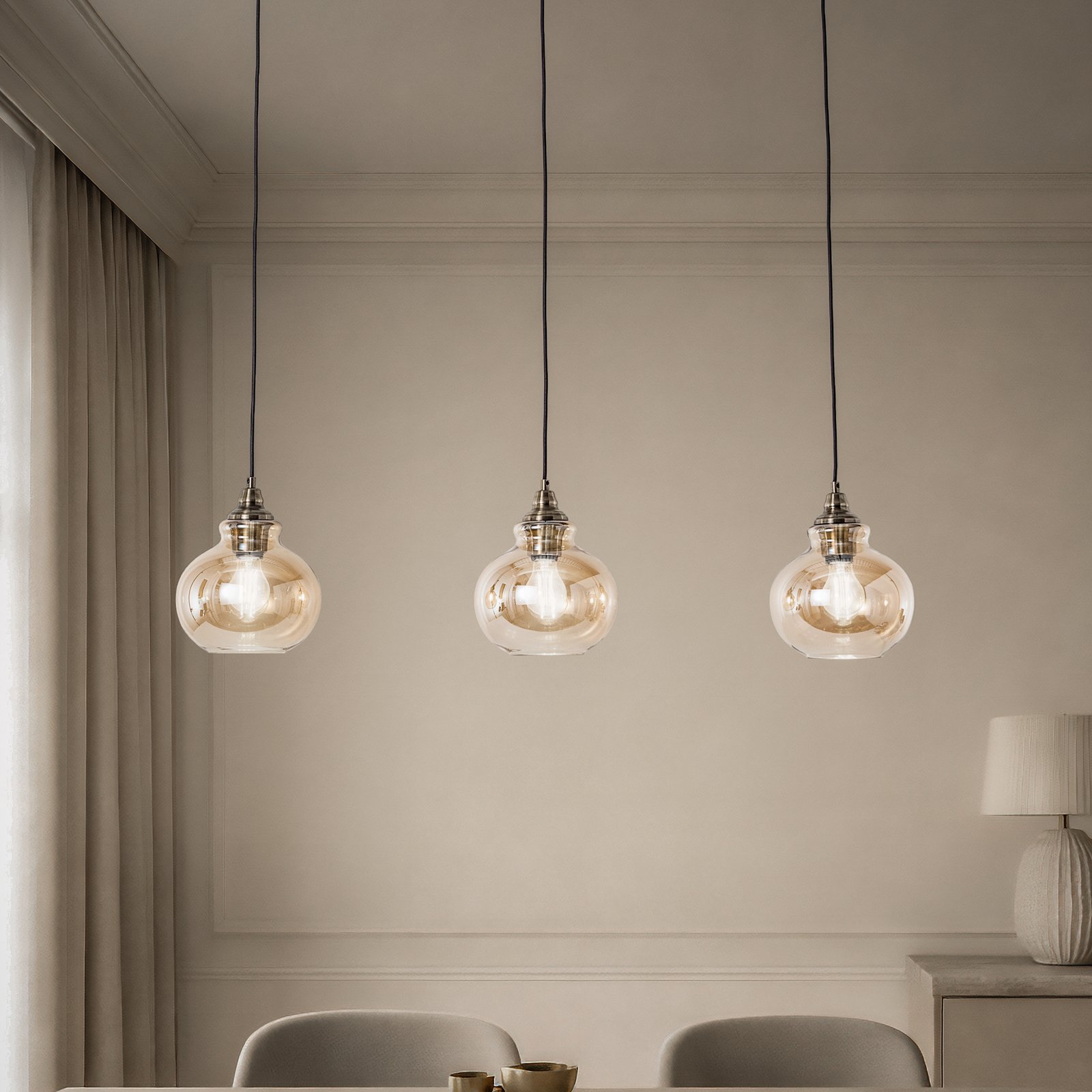 Lampa wisząca Lindby Tymoni, 3-punktowa, bursztynowa, szkło, Ø 20 cm
