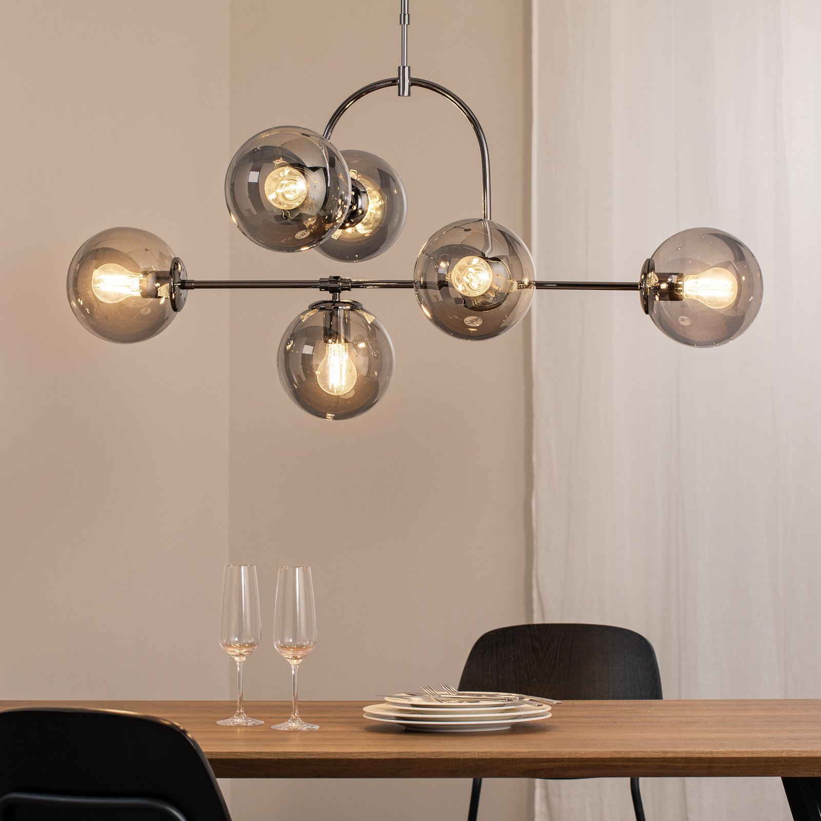 Lucea Lampă suspendată Portemo gri fumuriu/nichel 104x80 cm 6 becuri - Camera de zi / sufragerie - Modern - gri fumuriu-transparent nichel - Sticlă