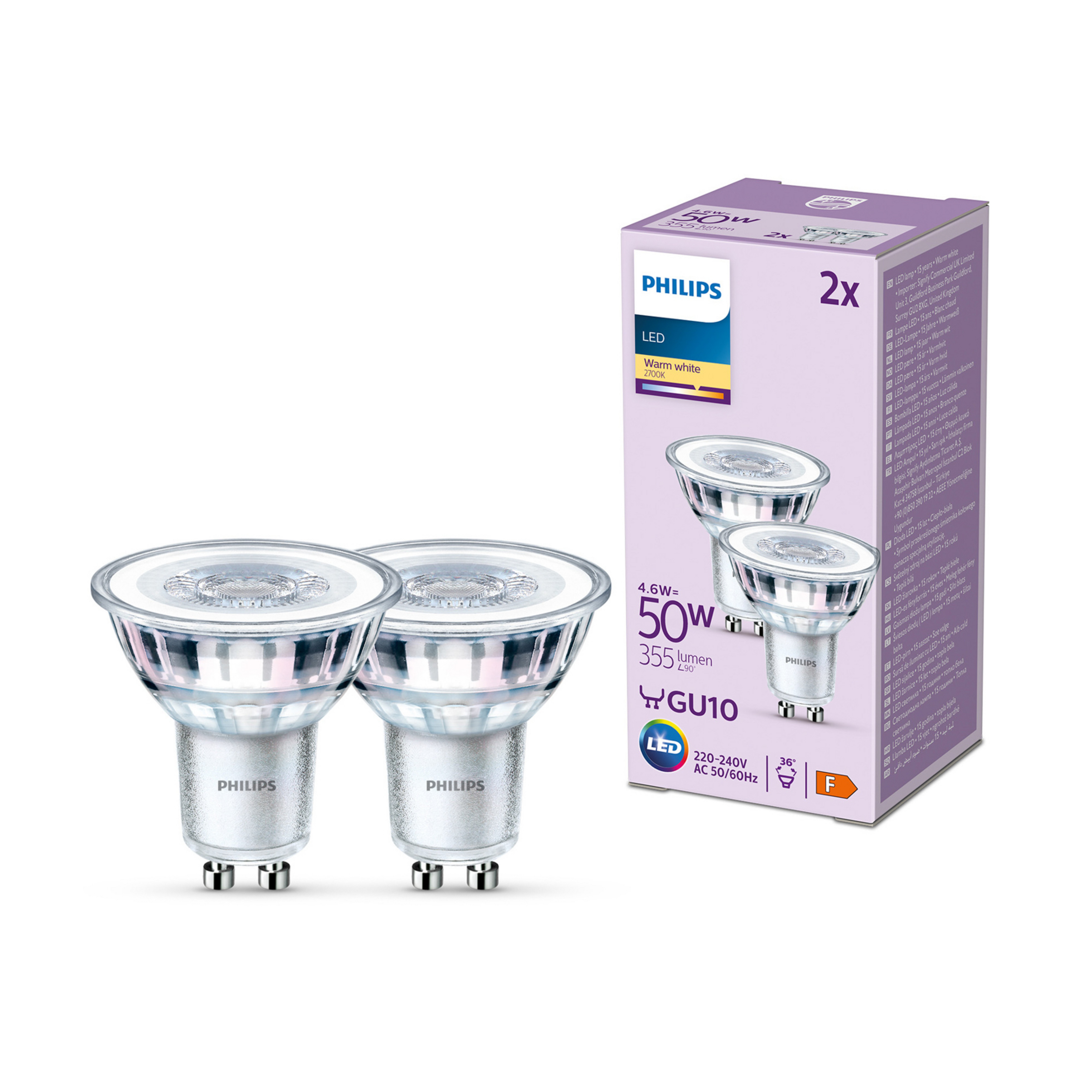 Žiarovka Philips LED GU10 4,6W 355lm 827 clear 36° 2ks