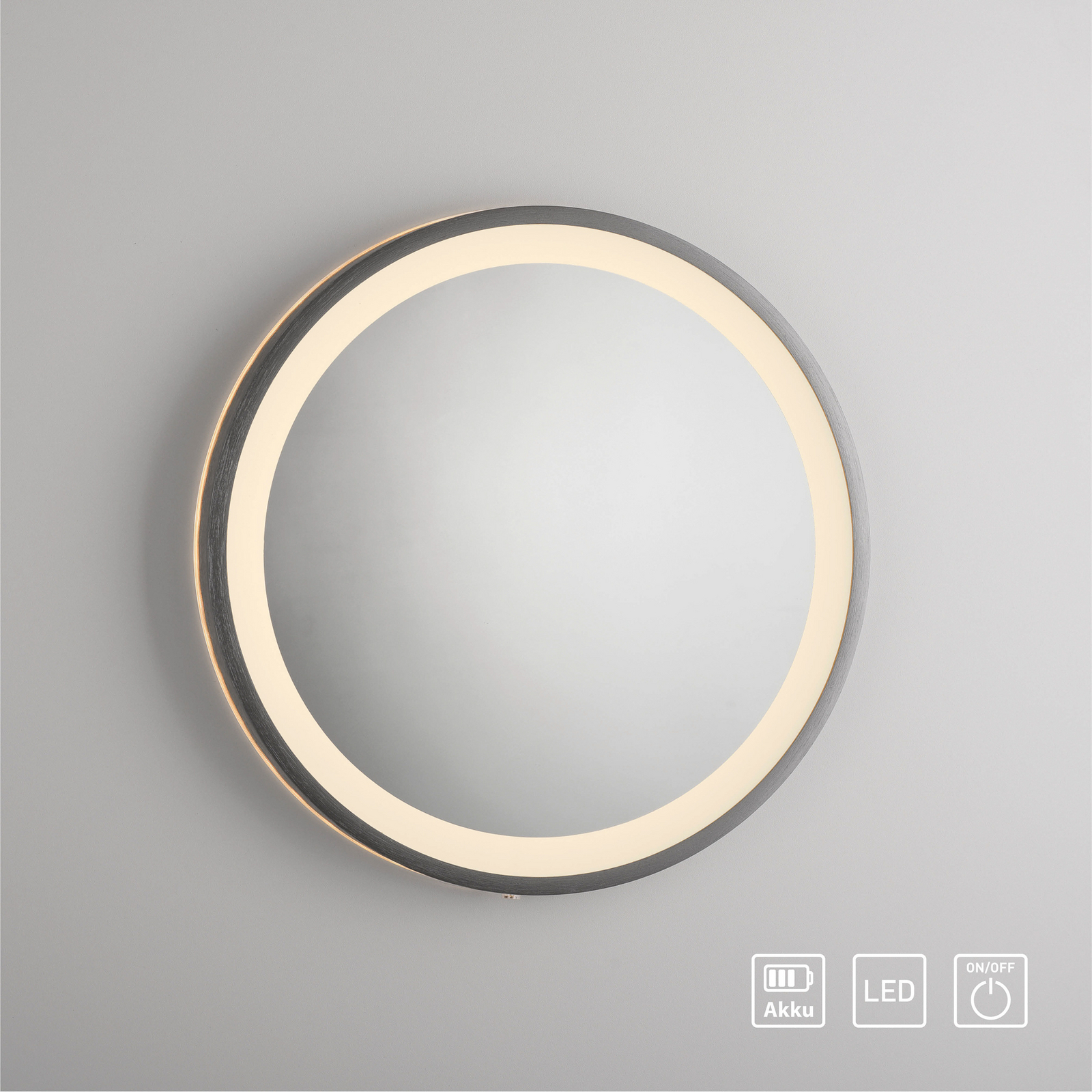 Specchio da parete a LED VIDRO, grigio, Ø 36 cm, power bank, interruttore
