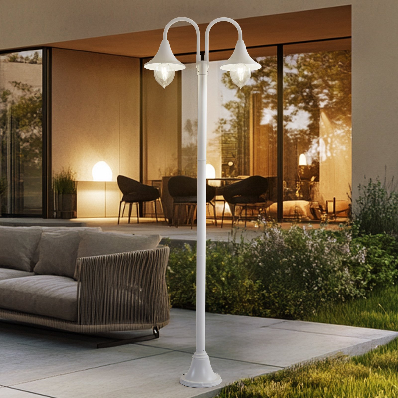 Lámpara de exterior Lindby Madea, blanca, 2 luces, 213 cm, E27, IP44