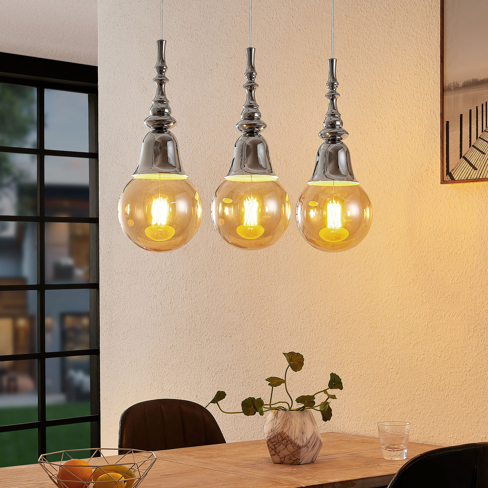 Lucande Gesja hanglamp, 3-lamps, lang, chroom