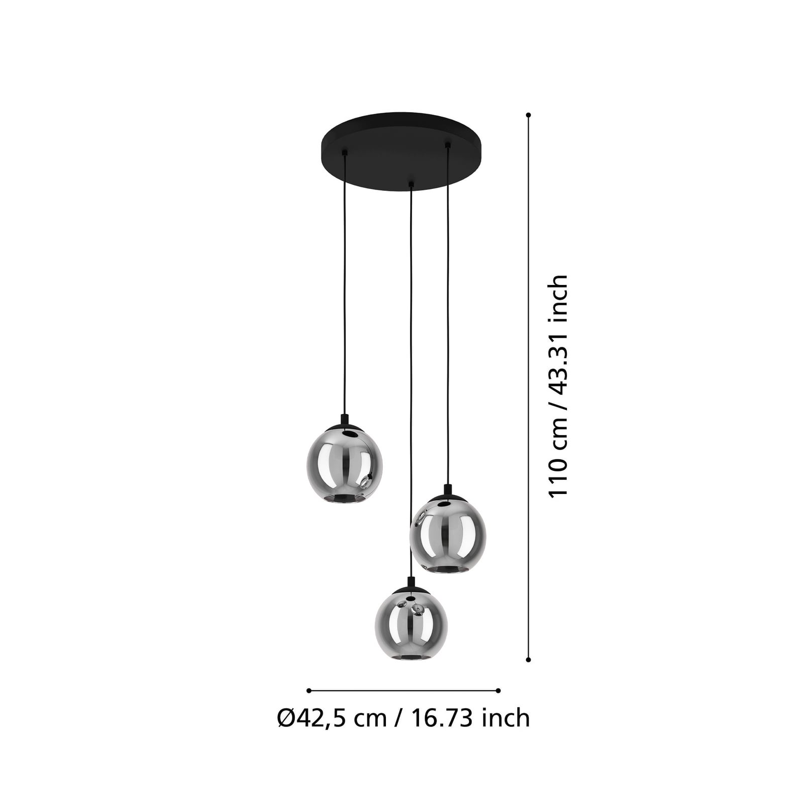 Suspension Ariscani, gris fumé, Ø 43 cm, à 3 lampes, verre, E27